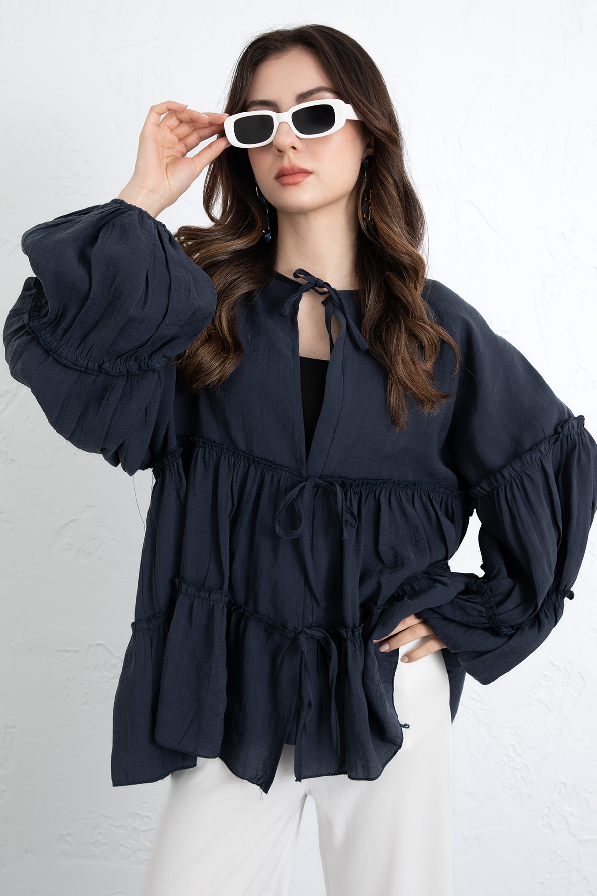 İp Bağcıklı Katlı Bluz 0073 - LACİVERT |  