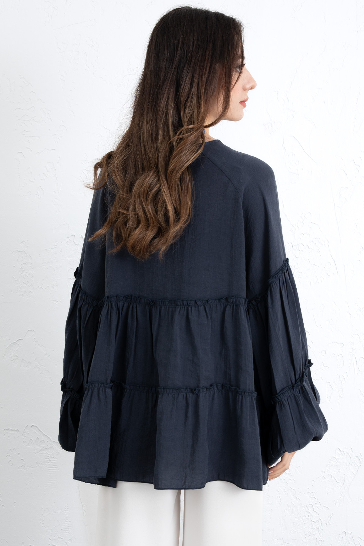 İp Bağcıklı Katlı Bluz 0073 - LACİVERT |  