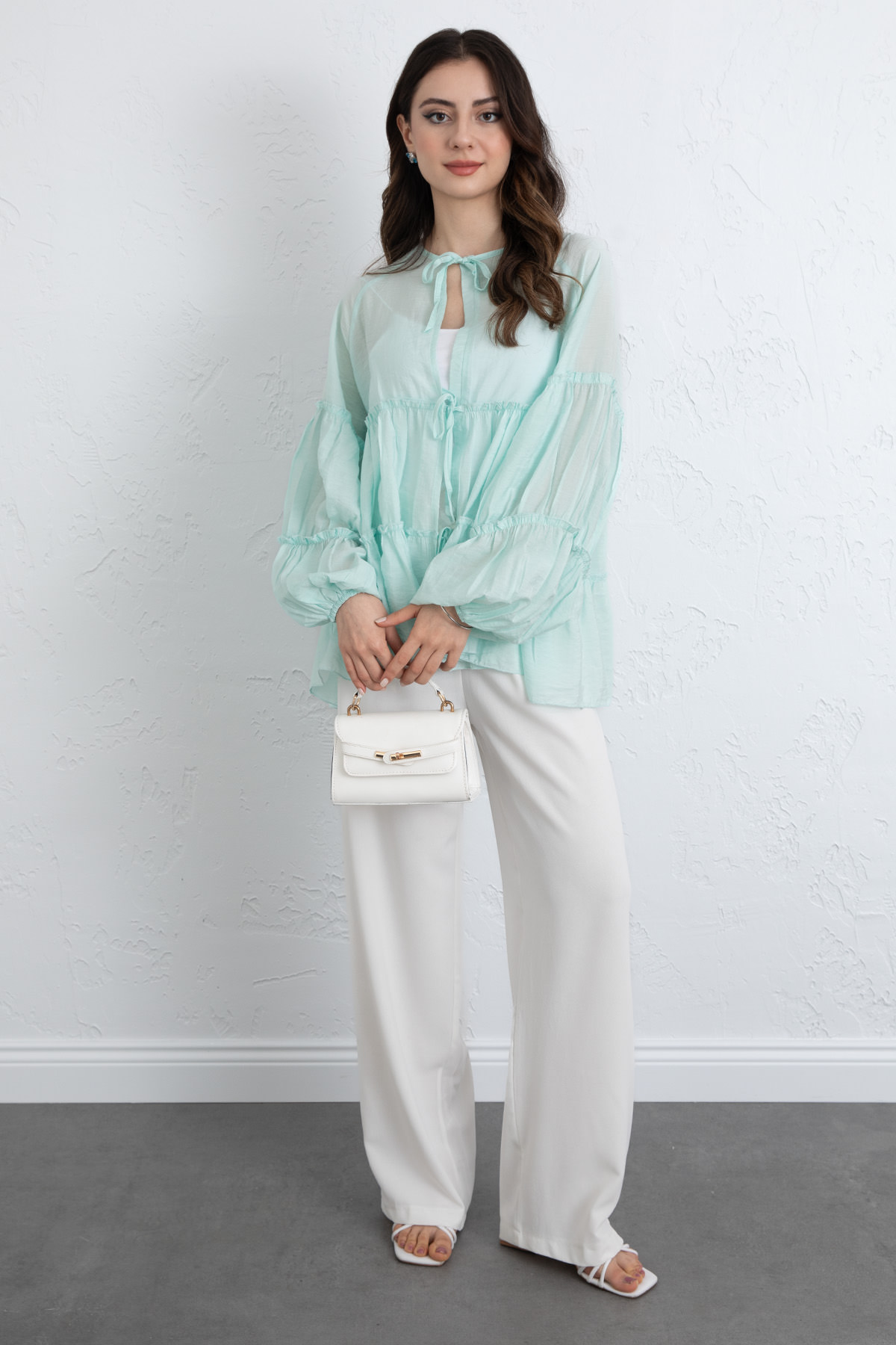İp Bağcıklı Katlı Bluz 0073 - MİNT YEŞİLİ |  