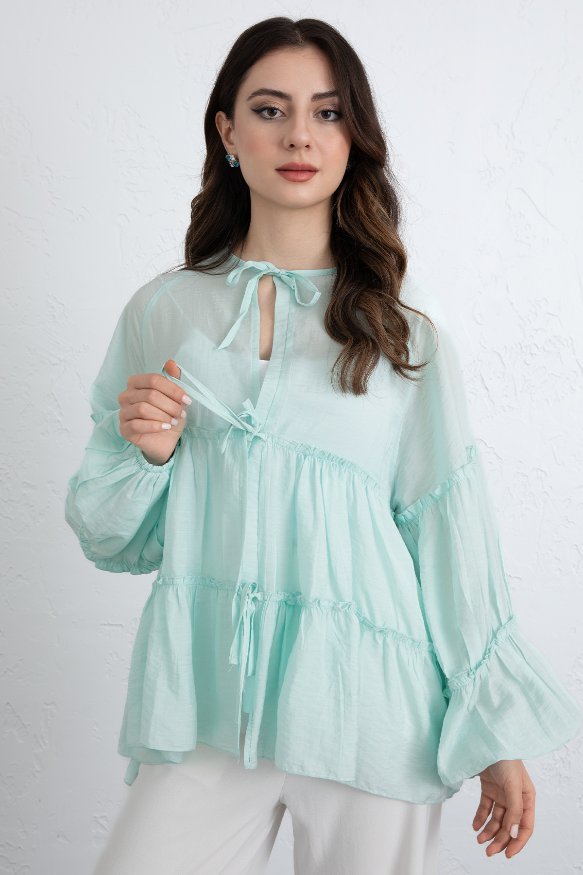İp Bağcıklı Katlı Bluz 0073 - MİNT YEŞİLİ |  
