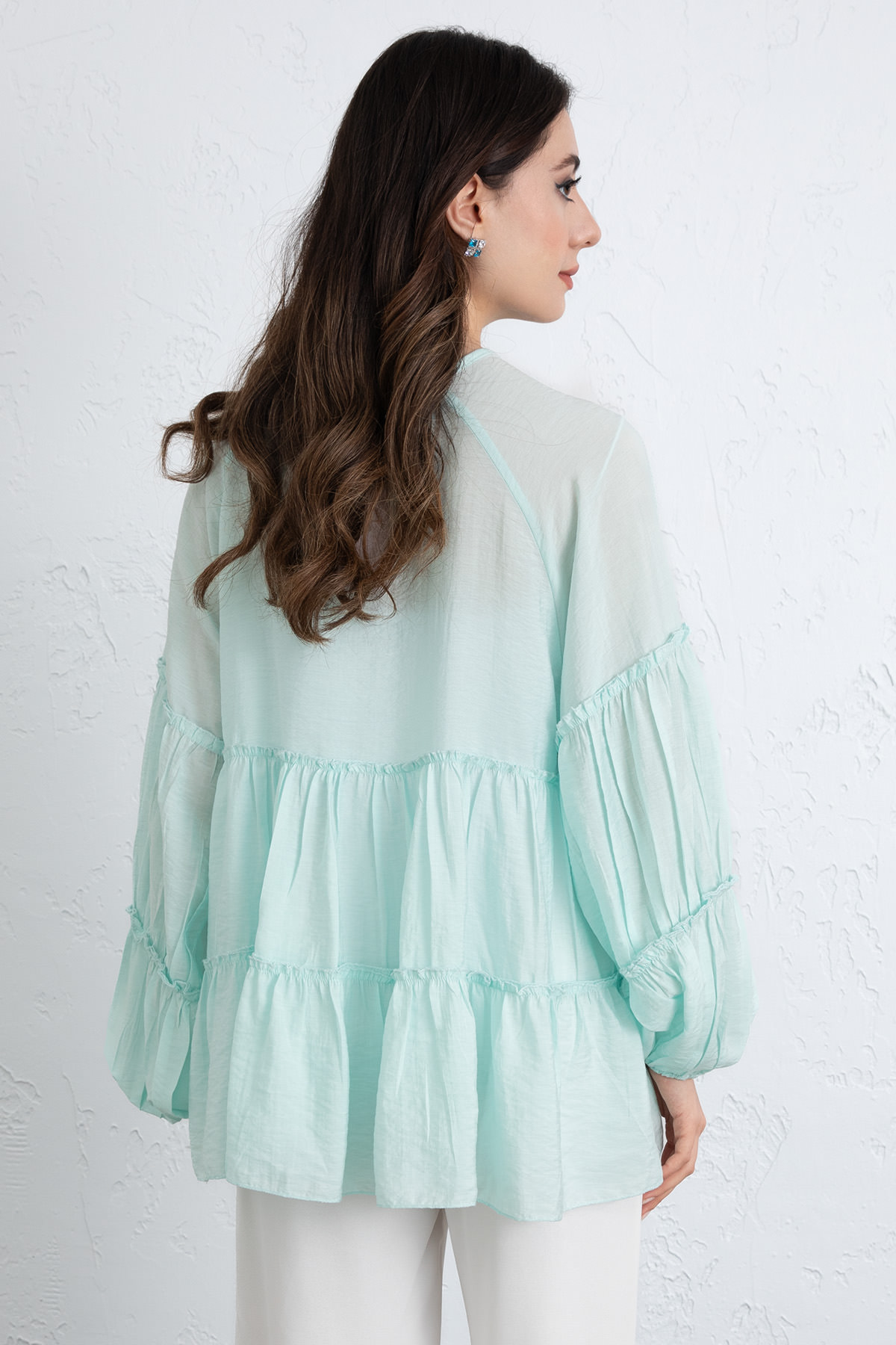 İp Bağcıklı Katlı Bluz 0073 - MİNT YEŞİLİ |  