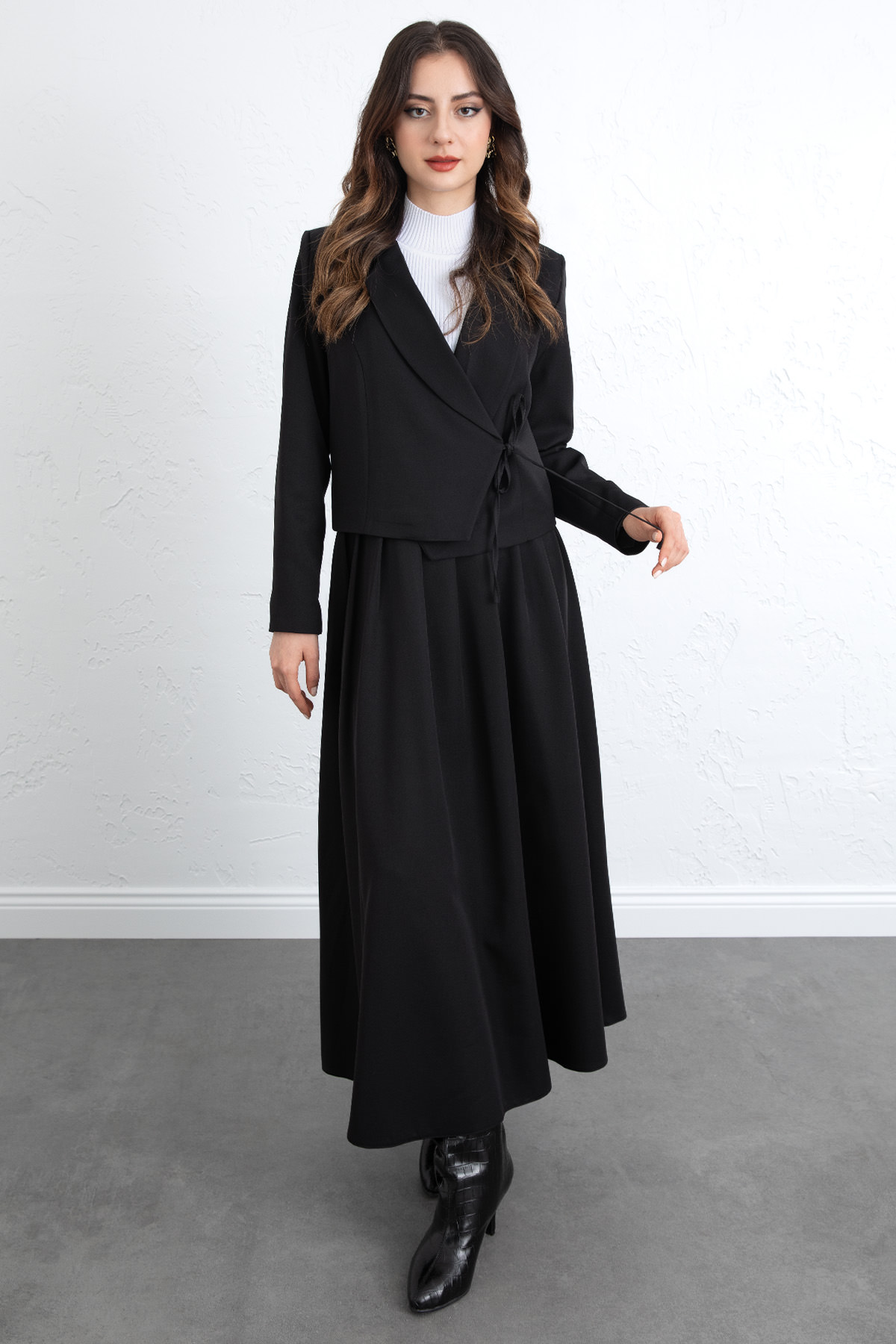 Bağcık Detay Ceketli Takım 0076 - SİYAH |  