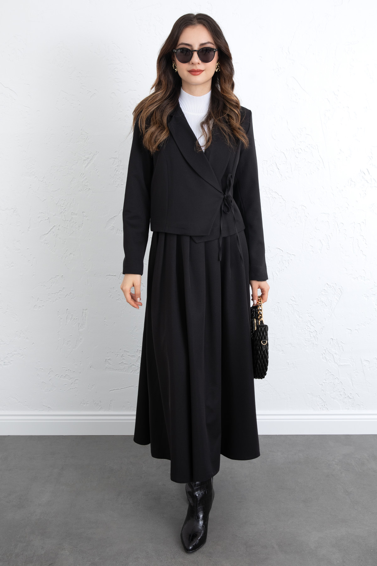 Bağcık Detay Ceketli Takım 0076 - SİYAH |  