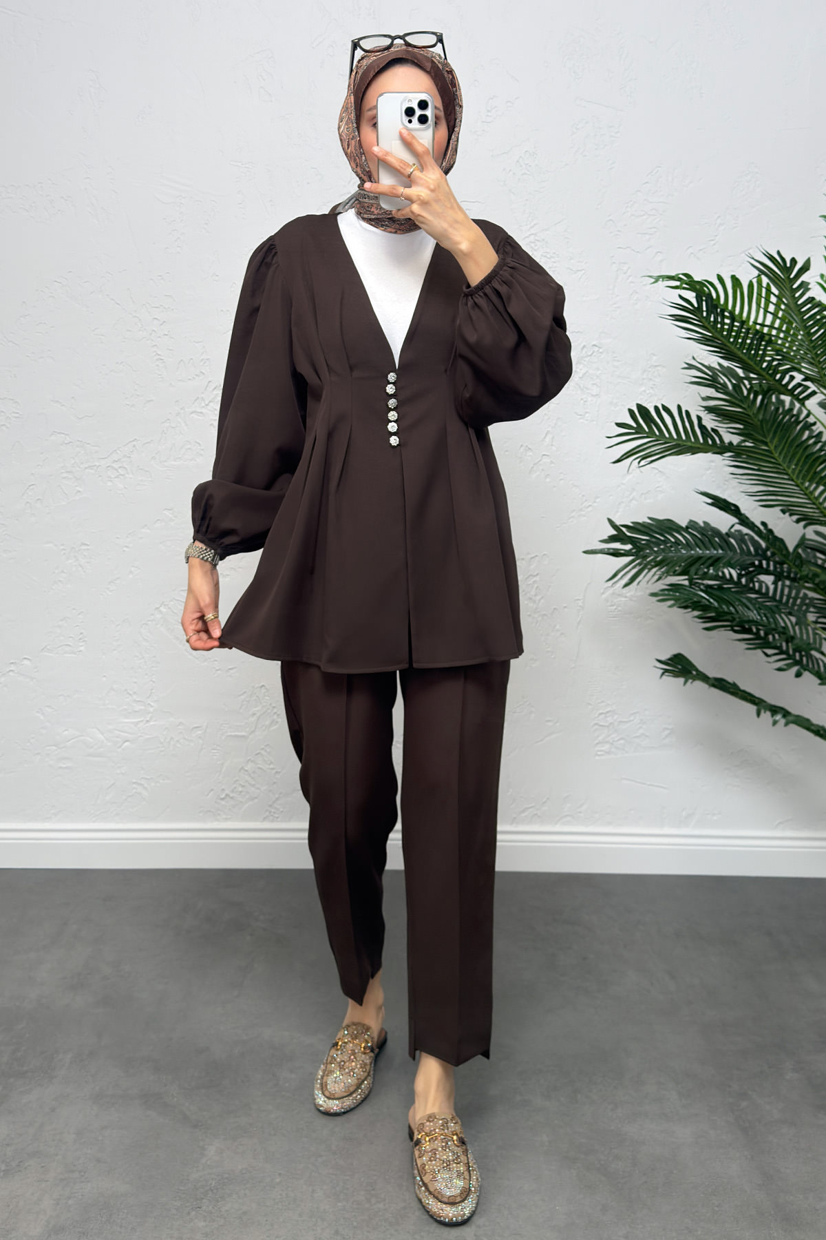 V Yaka Pile Detay Takım 0077 - KAHVERENGİ |  