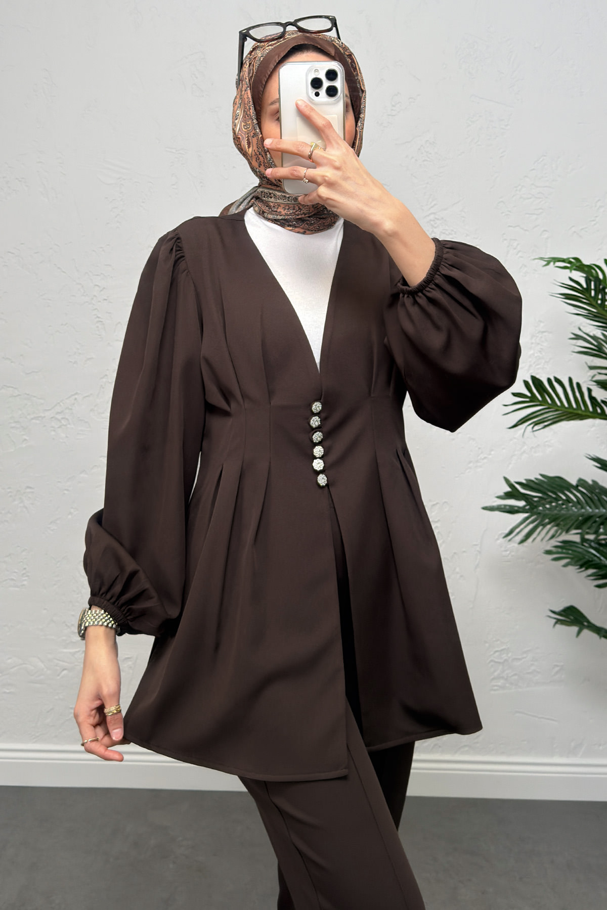 V Yaka Pile Detay Takım 0077 - KAHVERENGİ |  