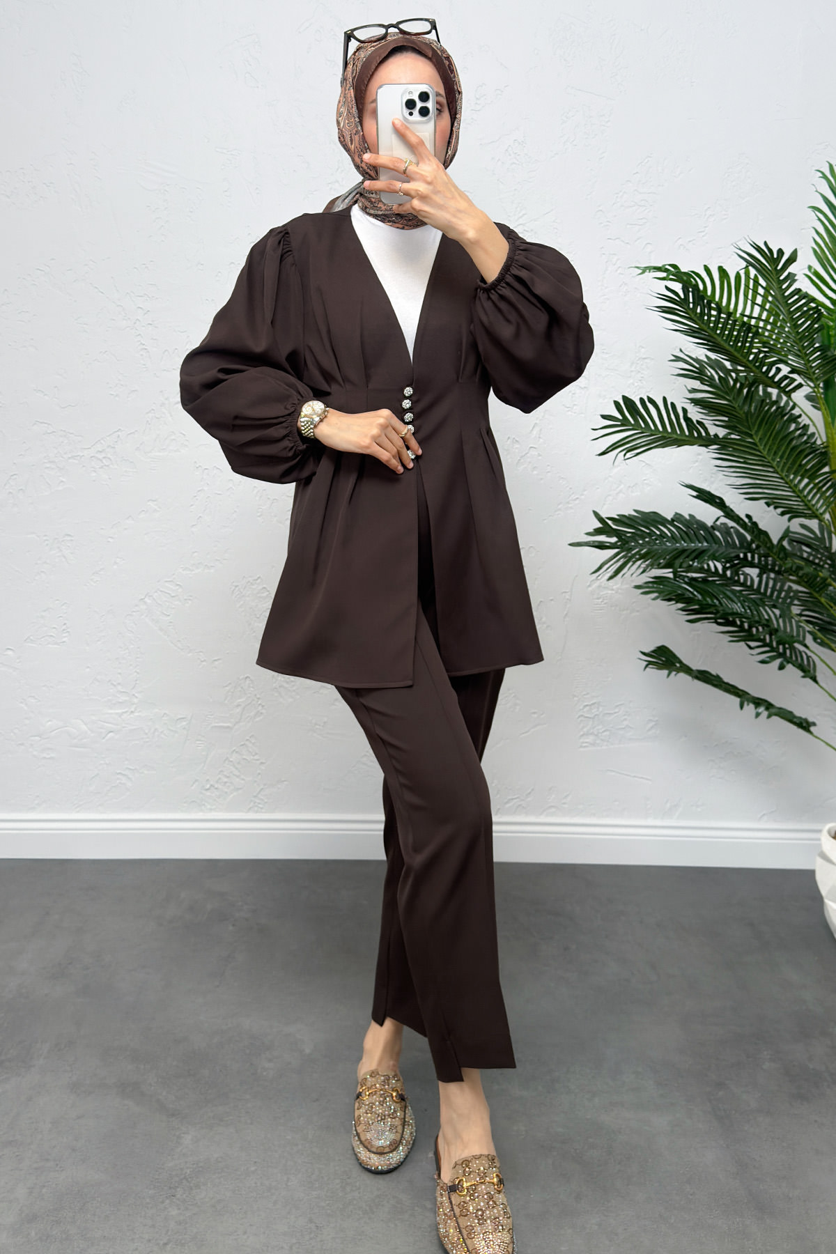 V Yaka Pile Detay Takım 0077 - KAHVERENGİ |  