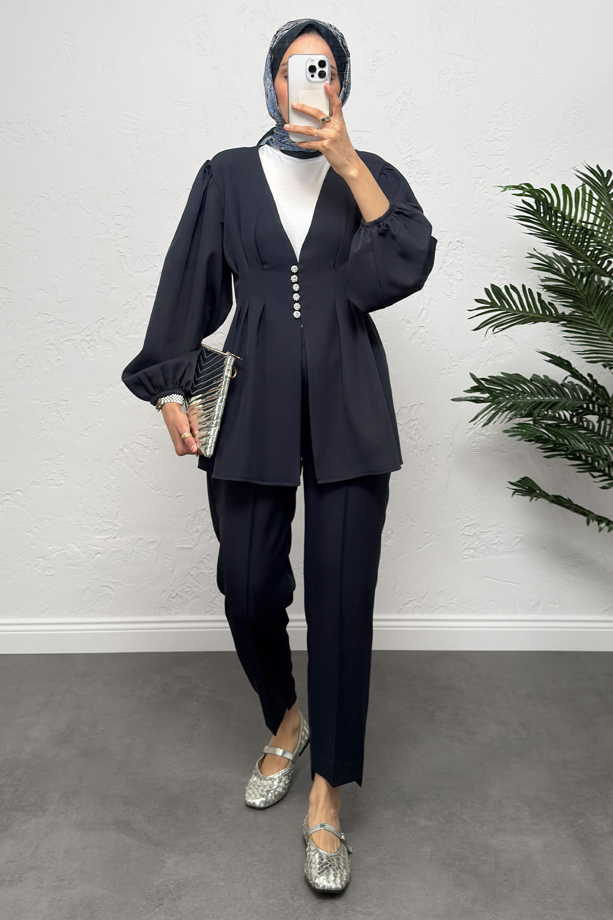 V Yaka Pile Detay Takım 0077 - LACİVERT |  