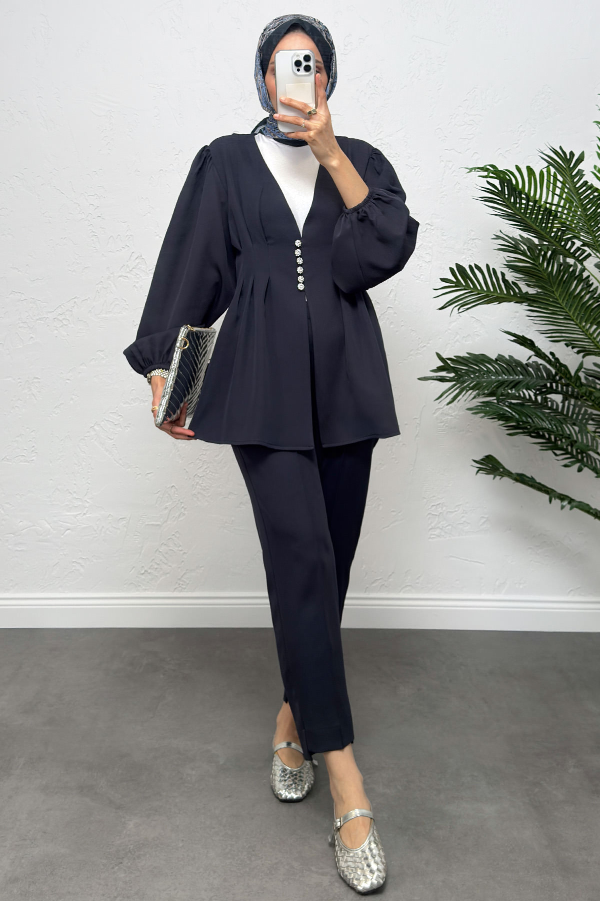 V Yaka Pile Detay Takım 0077 - LACİVERT |  