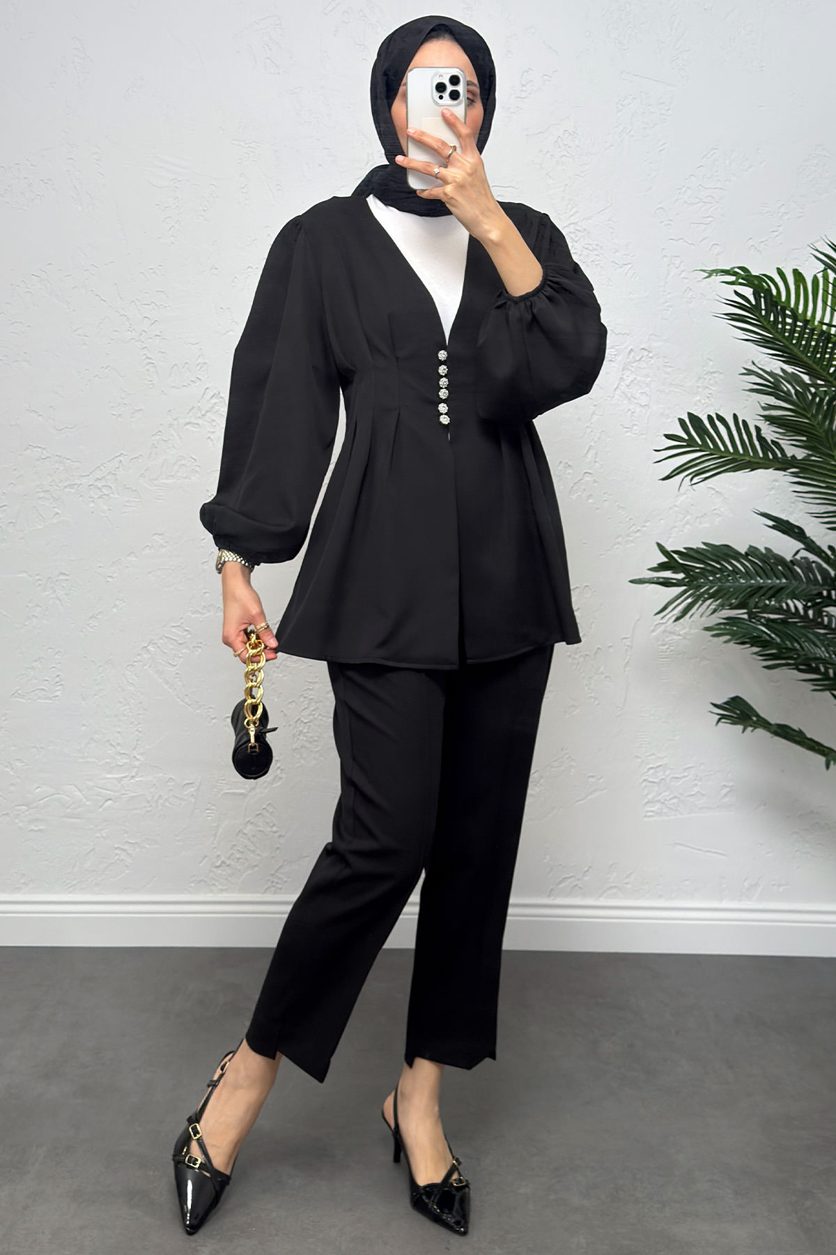 V Yaka Pile Detay Takım 0077 - SİYAH |  