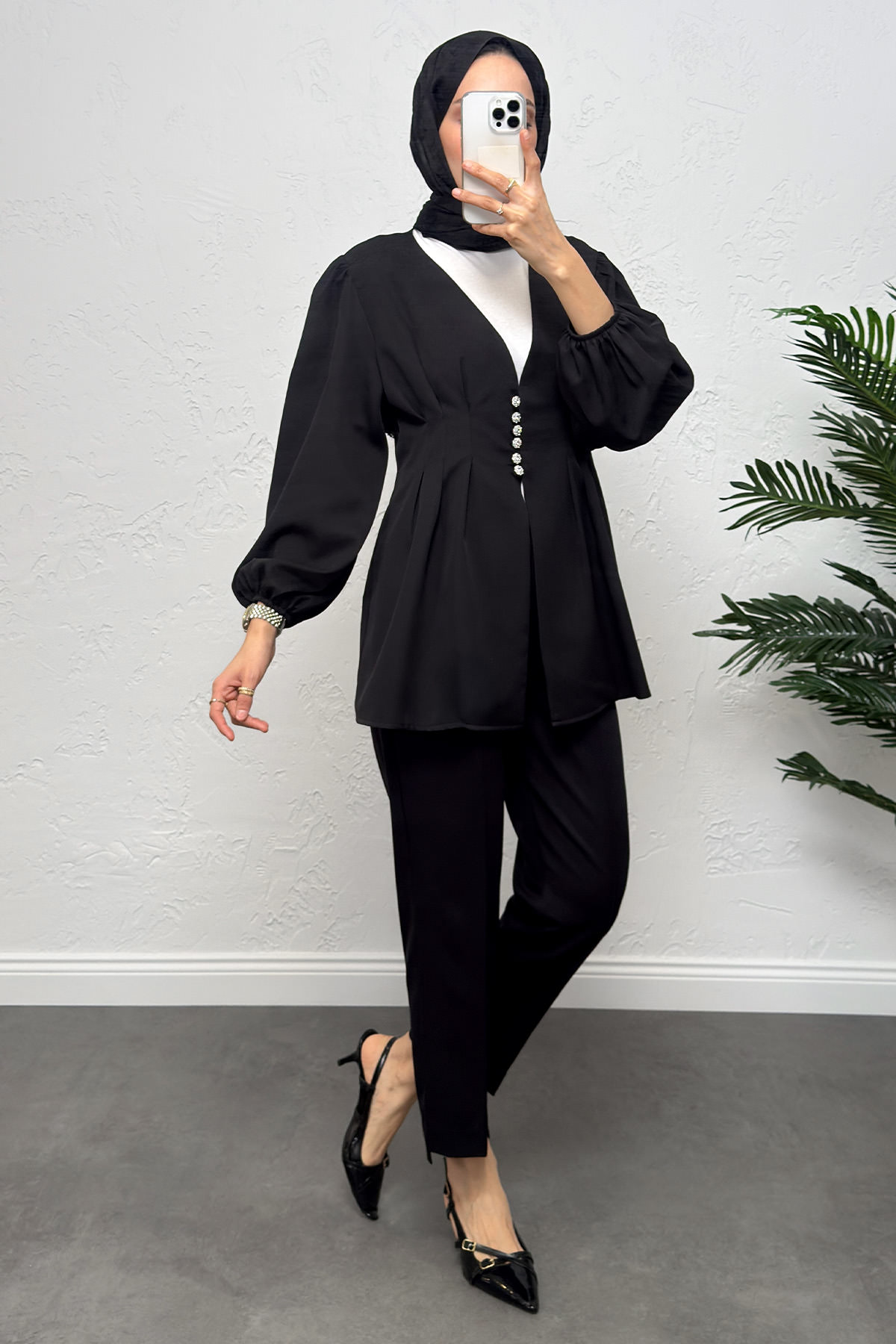 V Yaka Pile Detay Takım 0077 - SİYAH |  