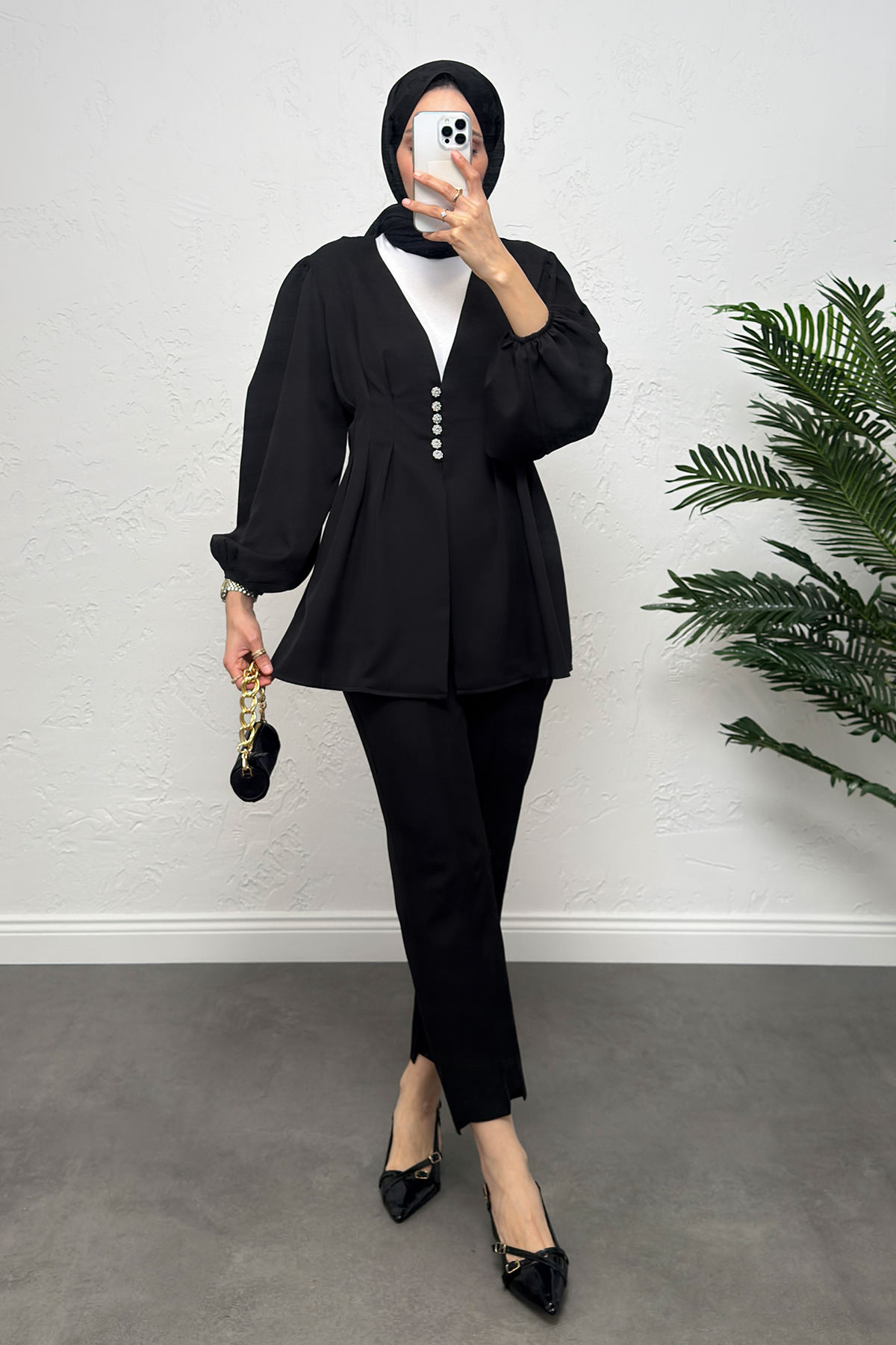 V Yaka Pile Detay Takım 0077 - SİYAH |  