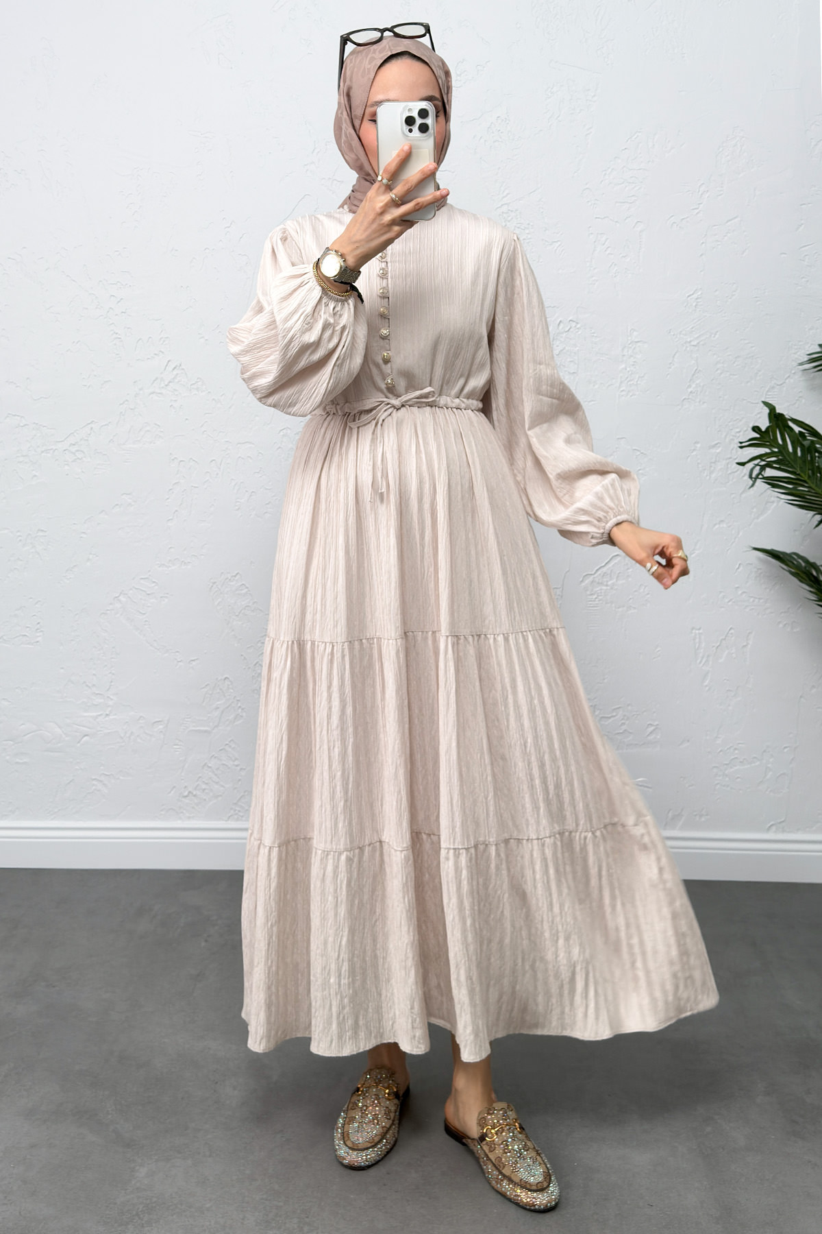 Bel Büzgülü Bağcıklı Elbise 0081 - EKRU |  