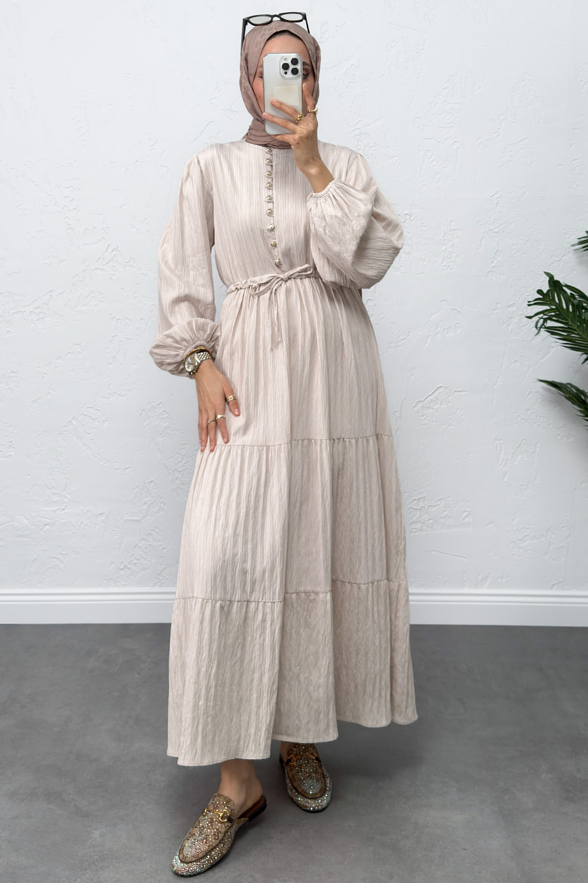 Bel Büzgülü Bağcıklı Elbise 0081 - EKRU |  