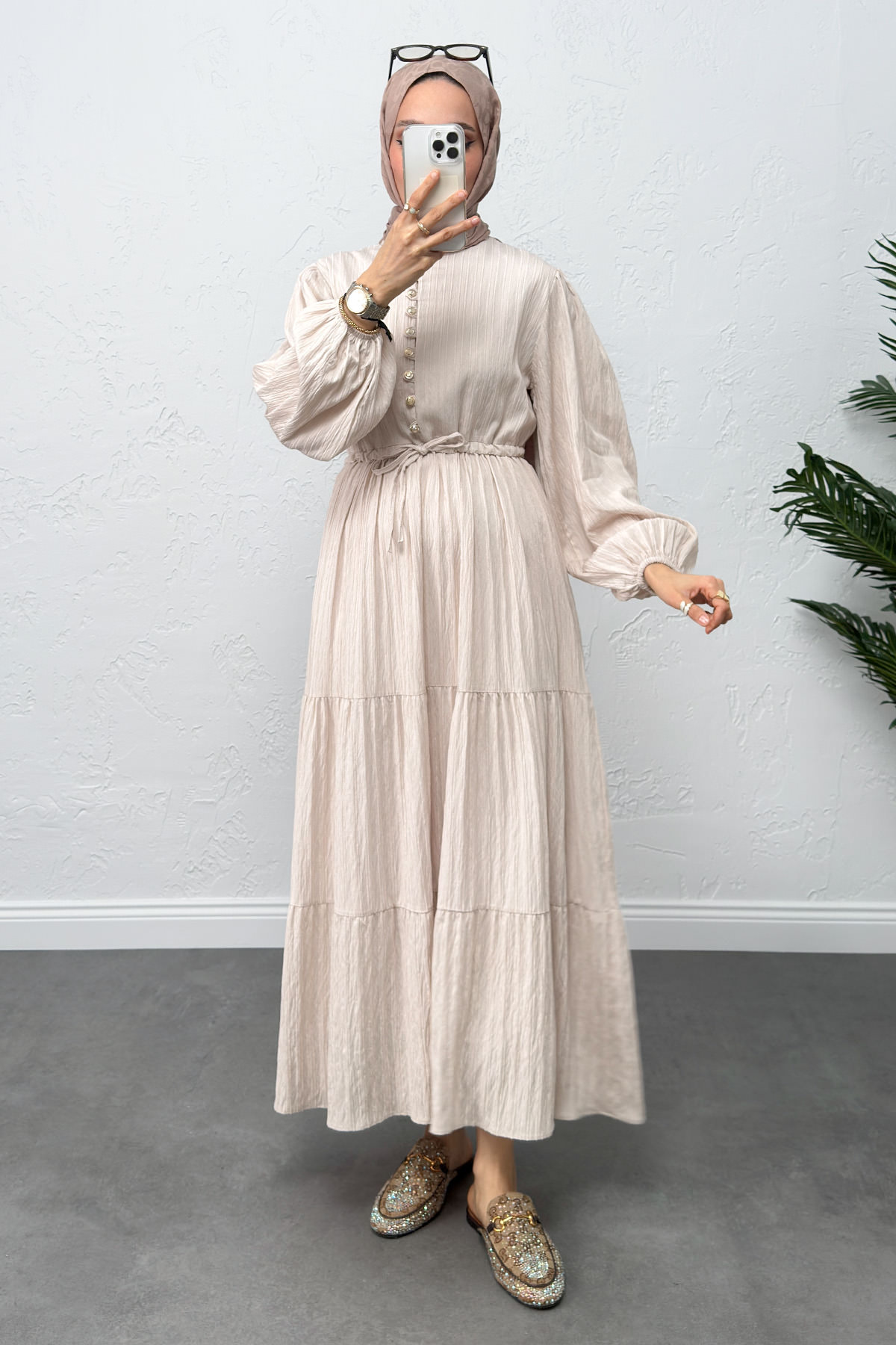 Bel Büzgülü Bağcıklı Elbise 0081 - EKRU |  