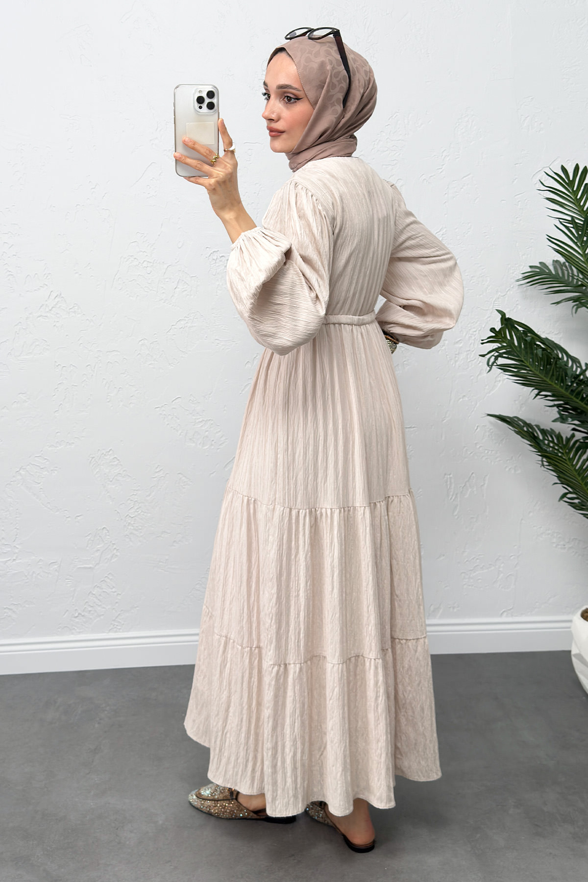 Bel Büzgülü Bağcıklı Elbise 0081 - EKRU |  