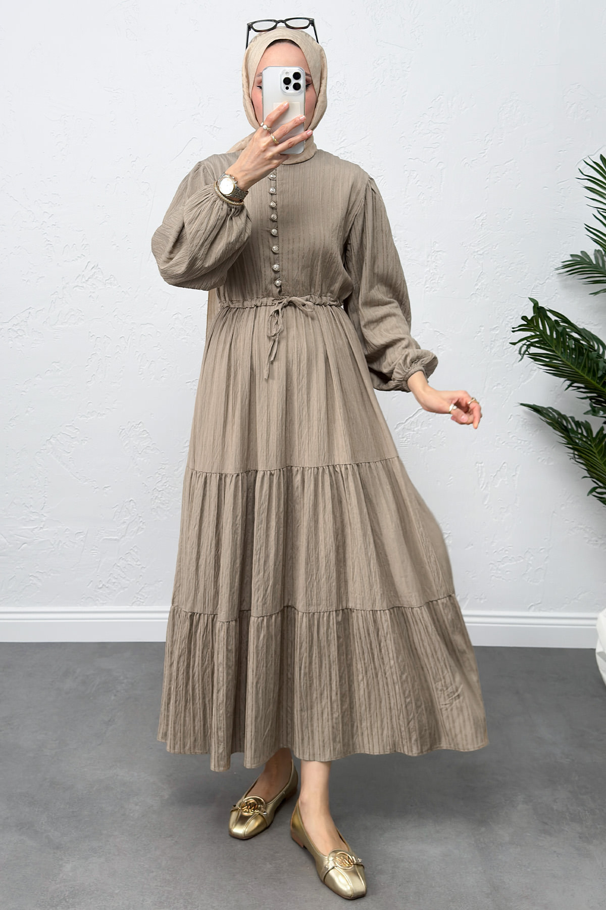 Bel Büzgülü Bağcıklı Elbise 0081 - HAKİ |  