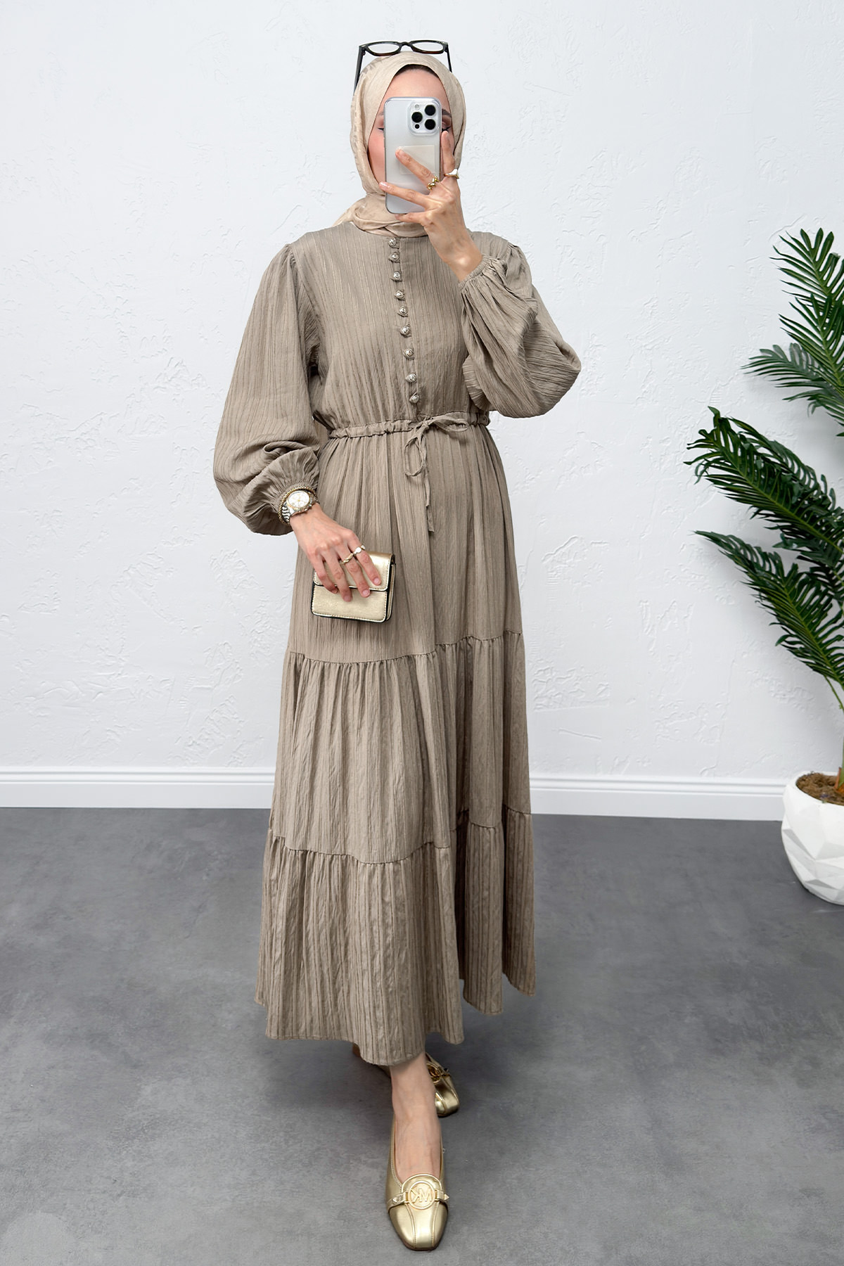 Bel Büzgülü Bağcıklı Elbise 0081 - HAKİ |  