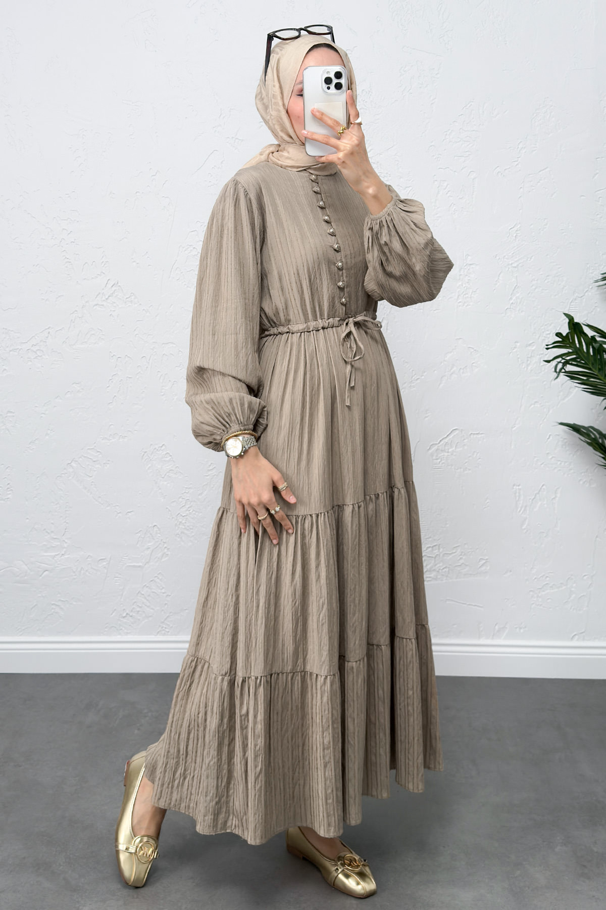 Bel Büzgülü Bağcıklı Elbise 0081 - HAKİ |  