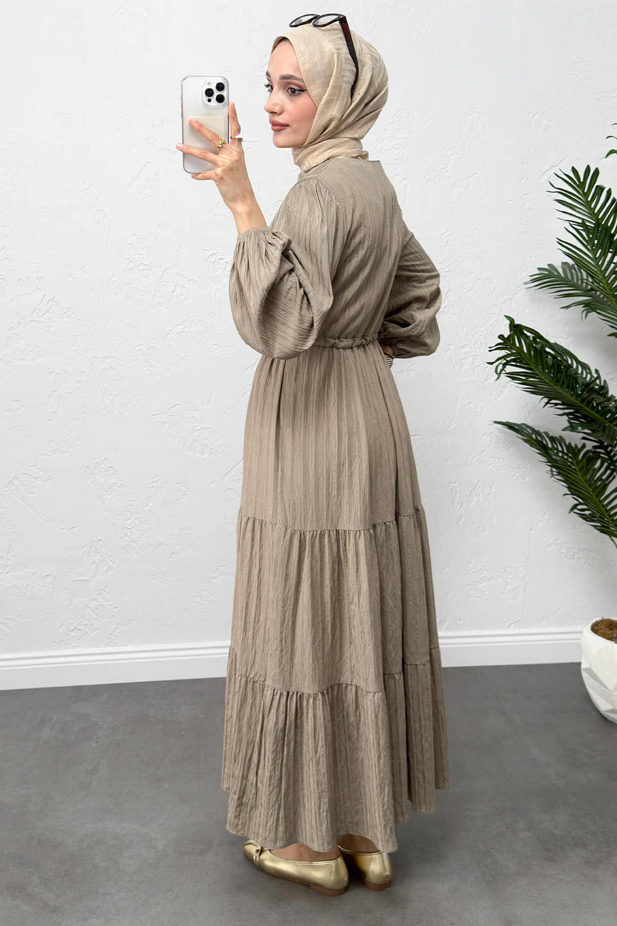 Bel Büzgülü Bağcıklı Elbise 0081 - HAKİ |  