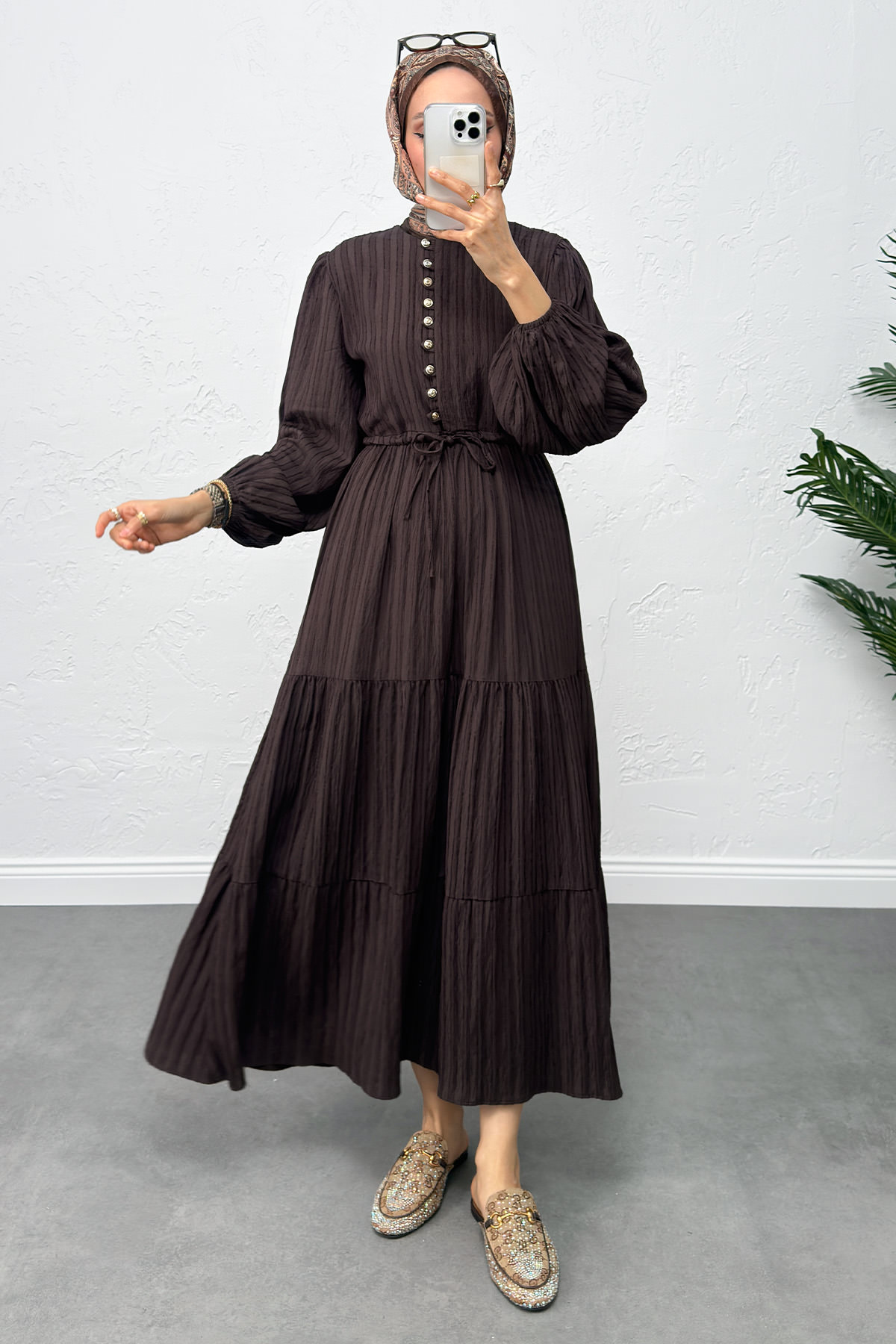 Bel Büzgülü Bağcıklı Elbise 0081 - KAHVERENGİ |  