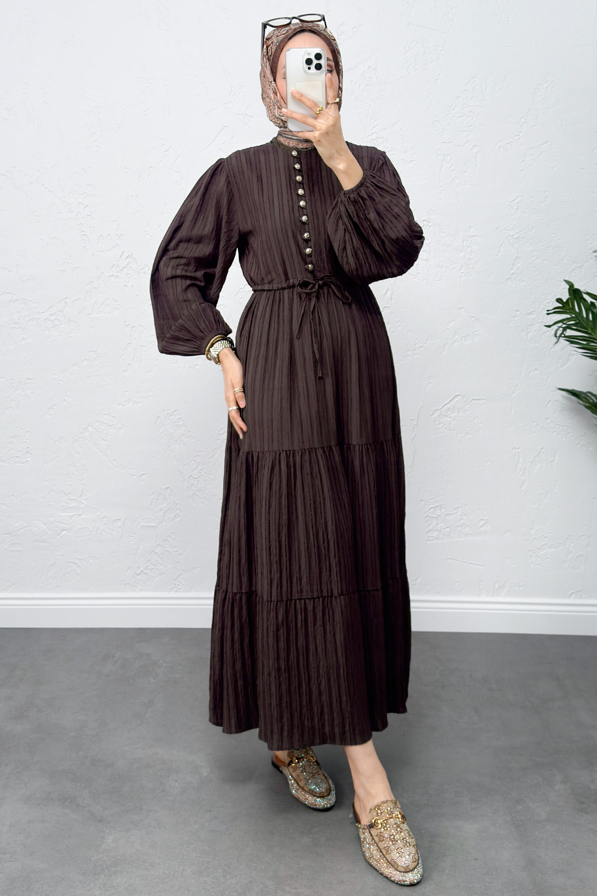 Bel Büzgülü Bağcıklı Elbise 0081 - KAHVERENGİ |  