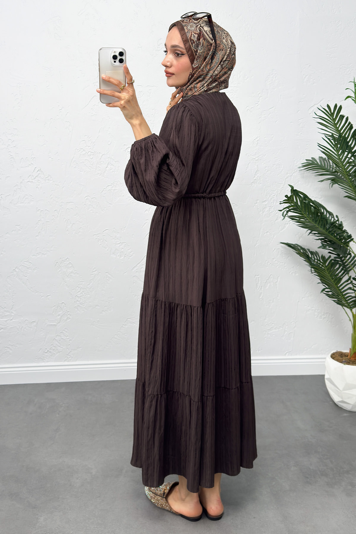 Bel Büzgülü Bağcıklı Elbise 0081 - KAHVERENGİ |  