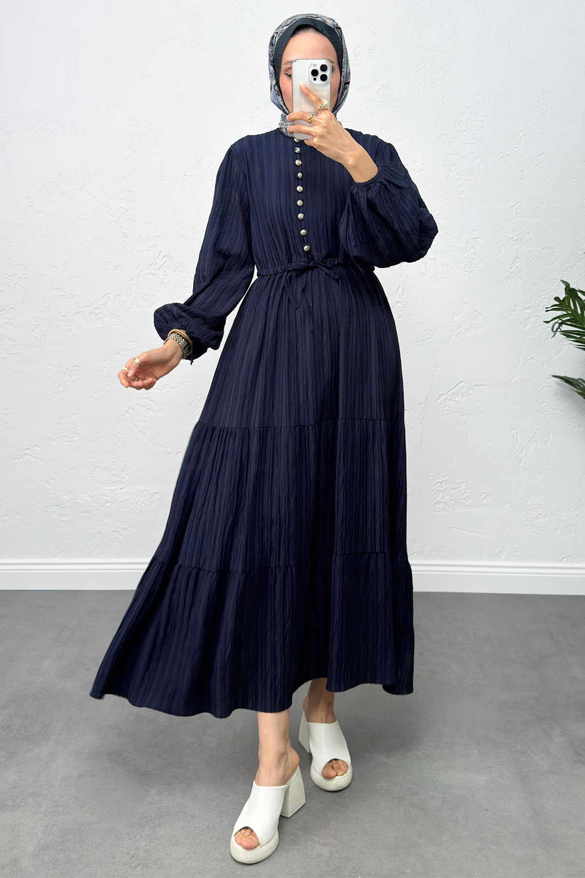 Bel Büzgülü Bağcıklı Elbise 0081 - LACİVERT |  