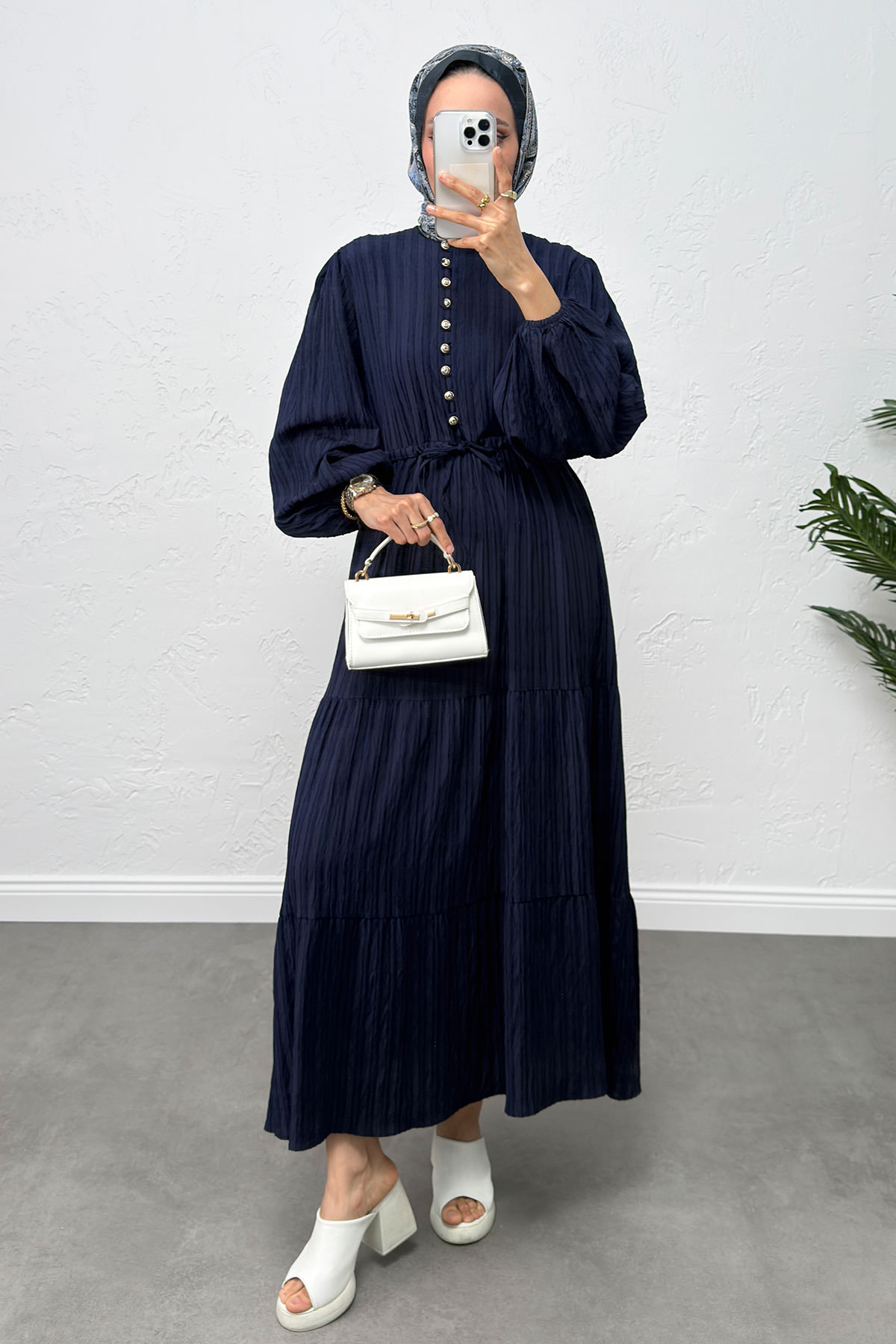 Bel Büzgülü Bağcıklı Elbise 0081 - LACİVERT |  