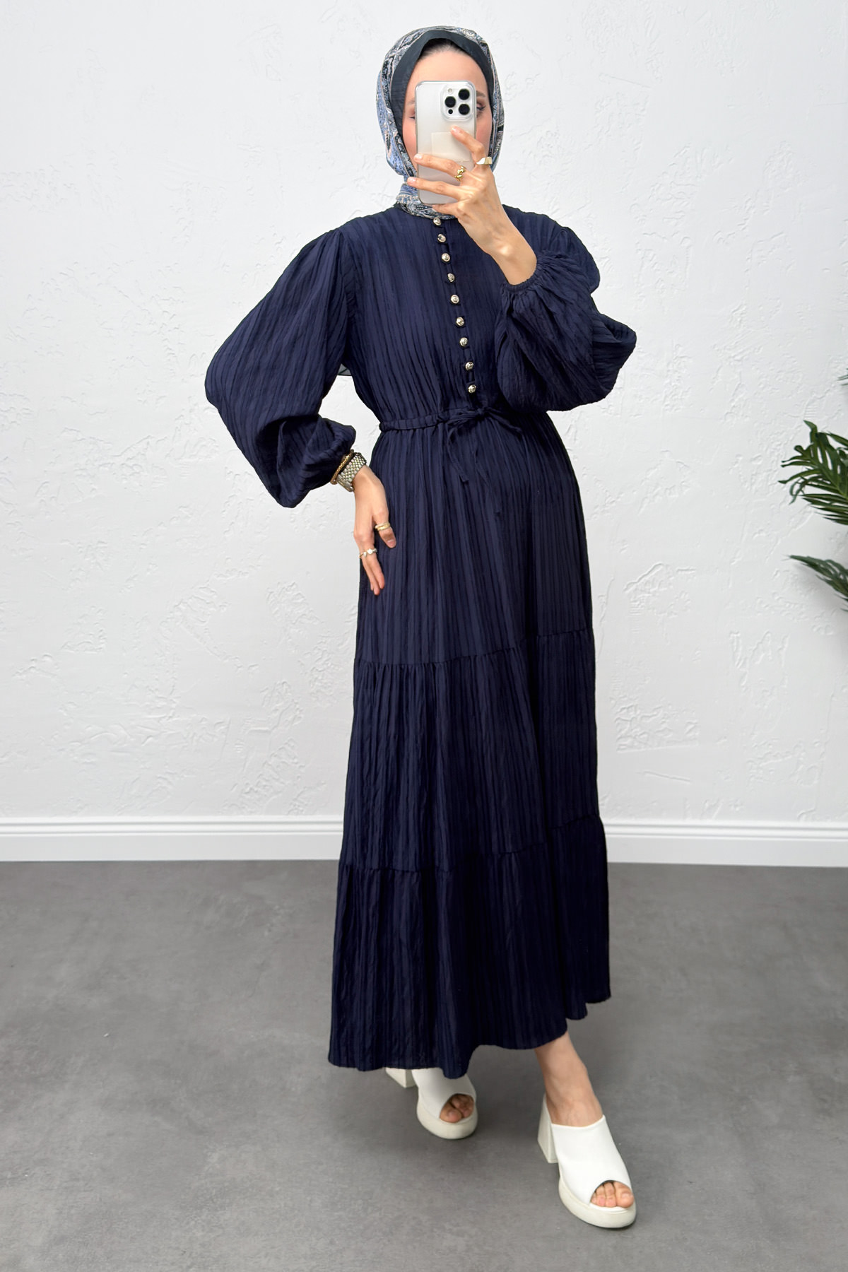 Bel Büzgülü Bağcıklı Elbise 0081 - LACİVERT |  