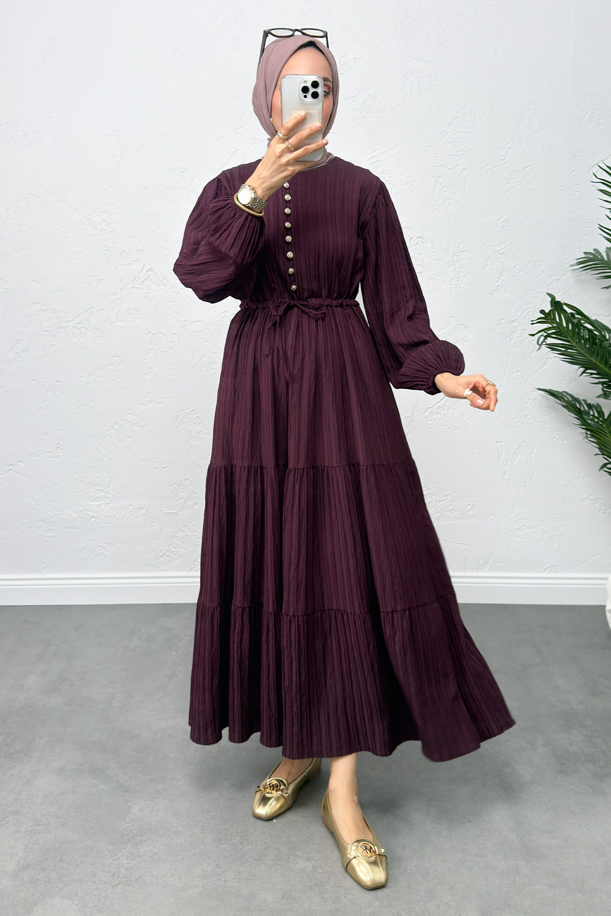 Bel Büzgülü Bağcıklı Elbise 0081 - MÜRDÜM |  