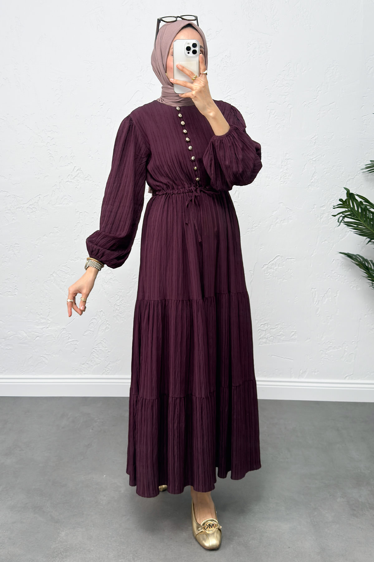 Bel Büzgülü Bağcıklı Elbise 0081 - MÜRDÜM |  