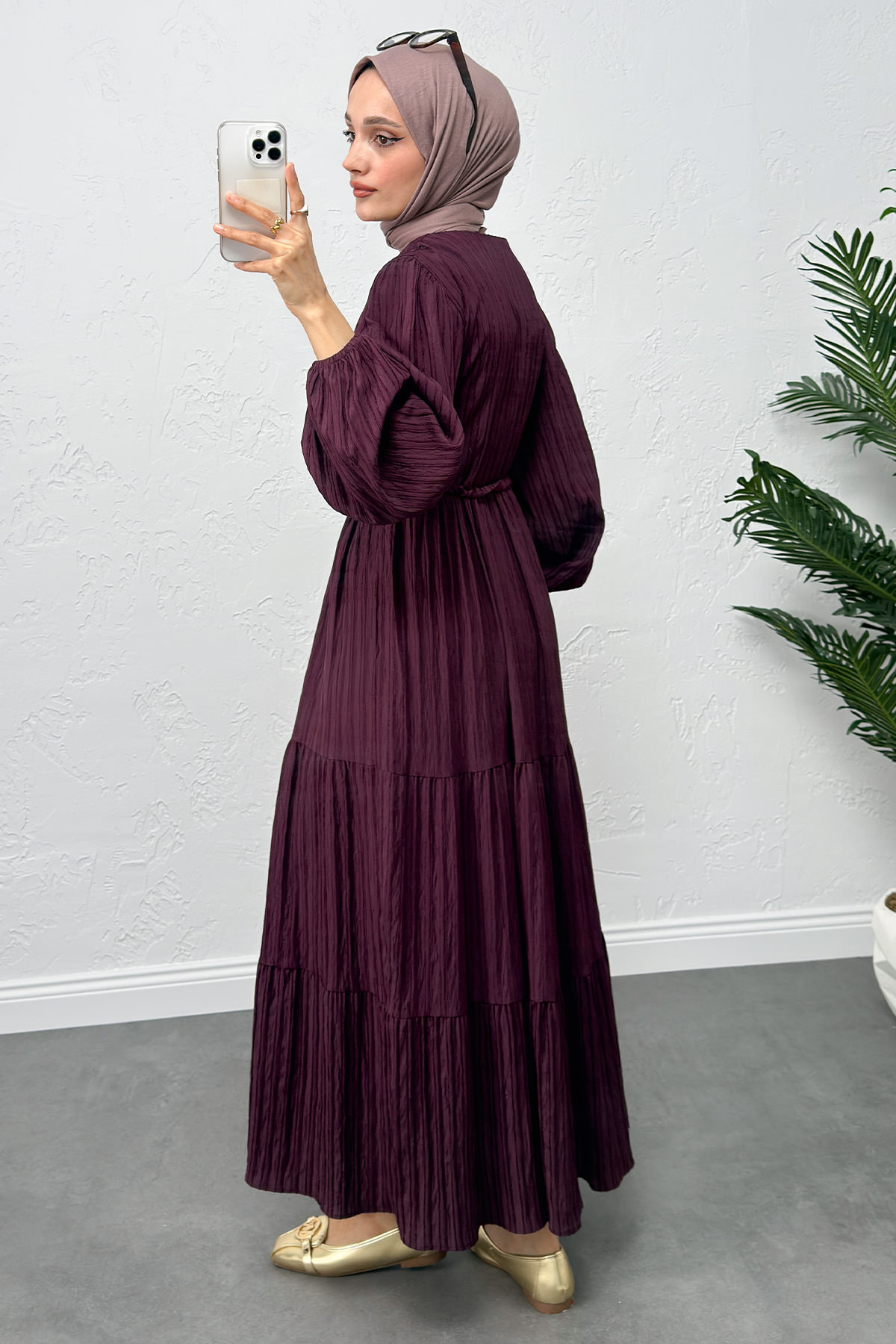 Bel Büzgülü Bağcıklı Elbise 0081 - MÜRDÜM |  