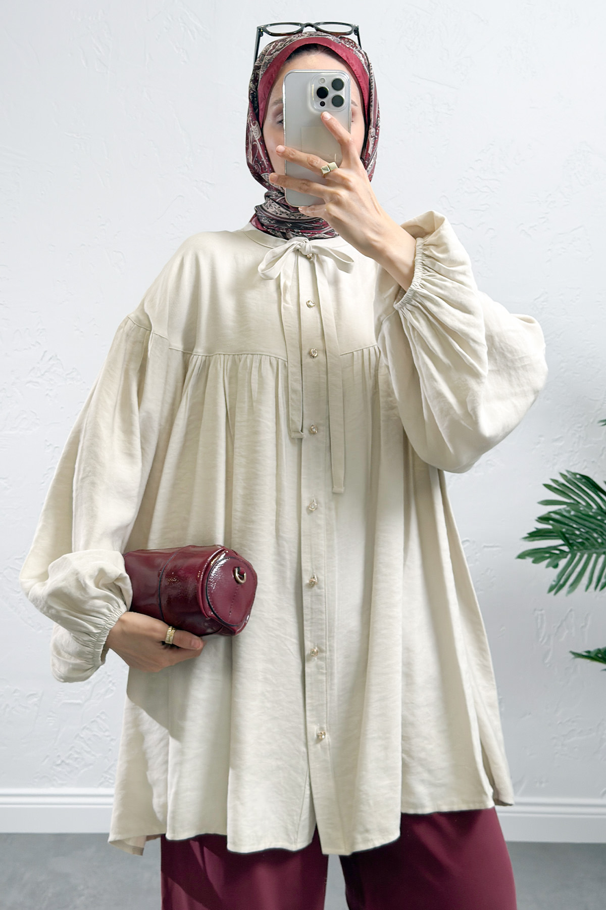 Yaka Bağcıklı Biritli Tunik 0083 - EKRU |  