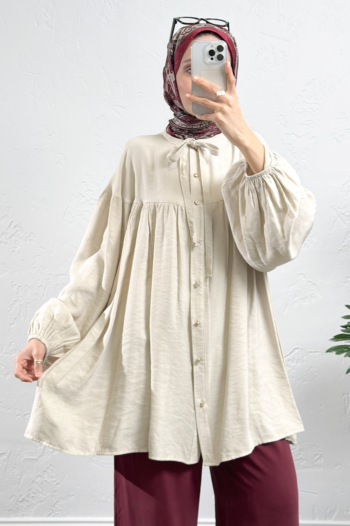 Yaka Bağcıklı Biritli Tunik 0083 - EKRU |  