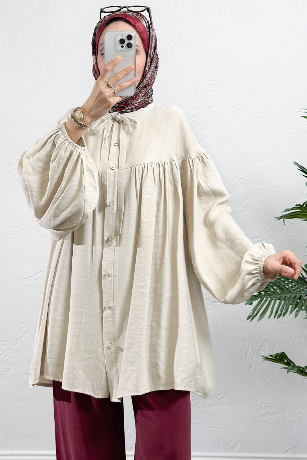 Yaka Bağcıklı Biritli Tunik 0083 - EKRU |  