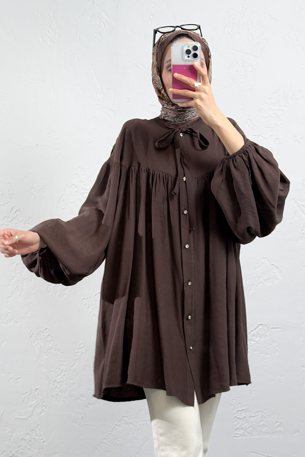 Yaka Bağcıklı Biritli Tunik 0083 - KAHVERENGİ |  