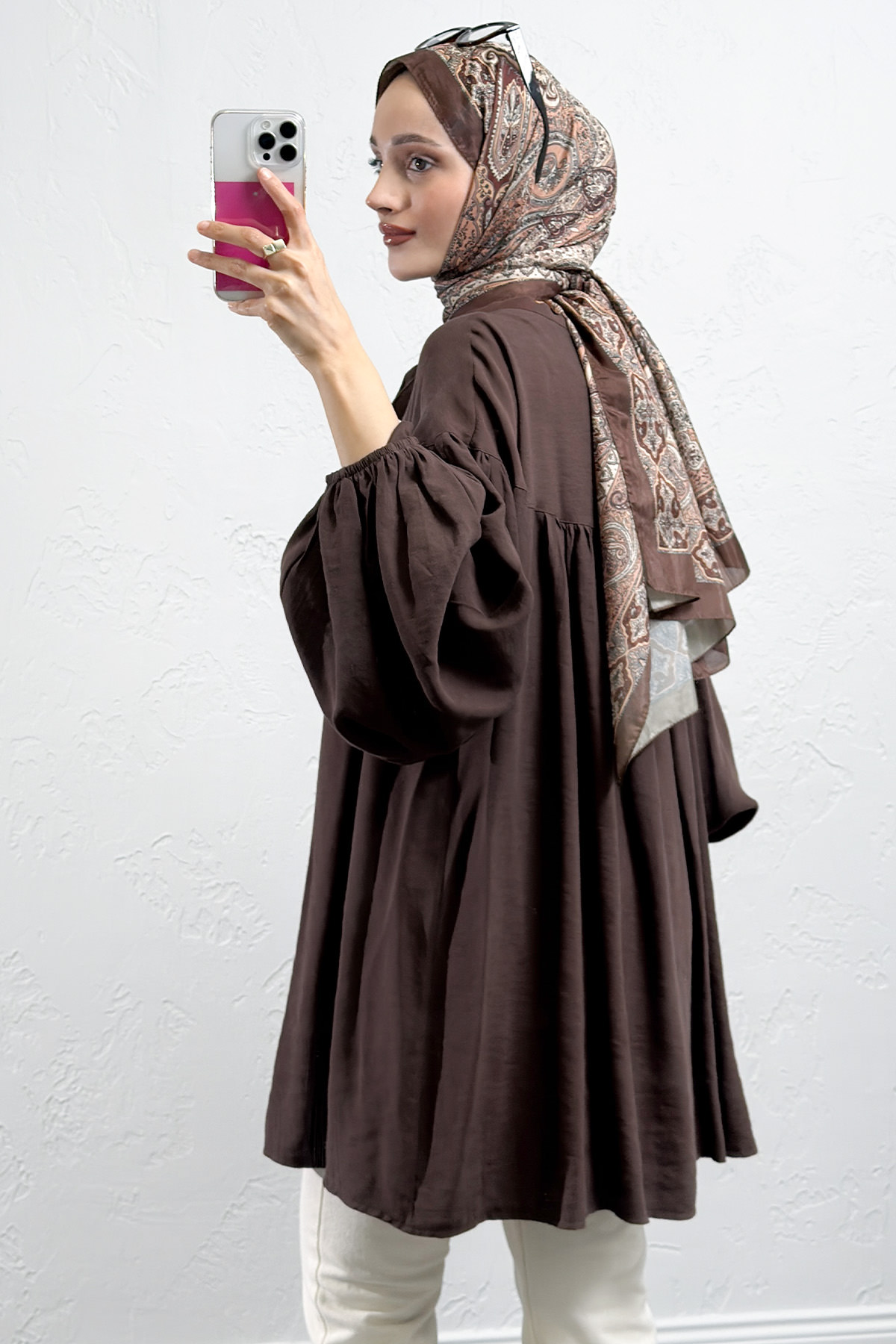 Yaka Bağcıklı Biritli Tunik 0083 - KAHVERENGİ |  