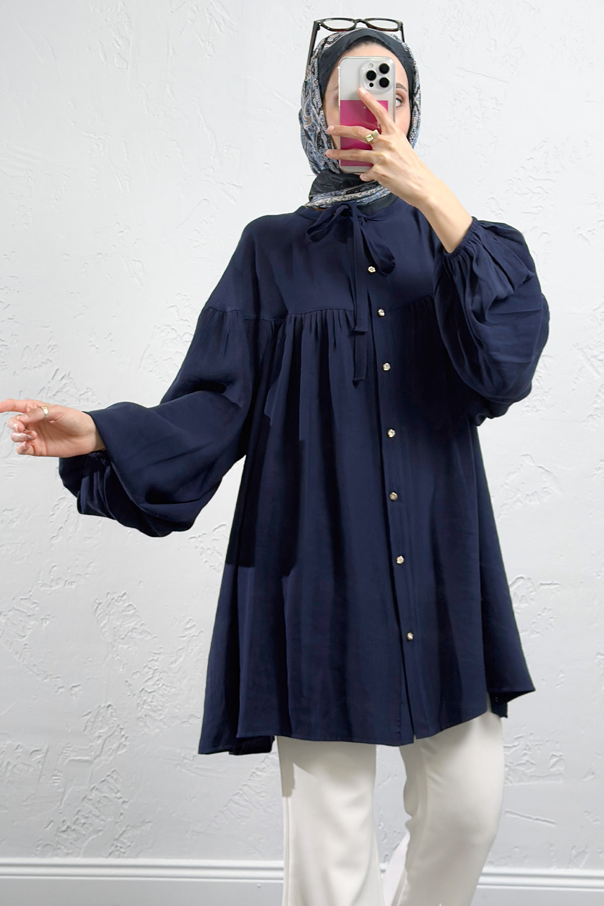 Yaka Bağcıklı Biritli Tunik 0083 - LACİVERT |  