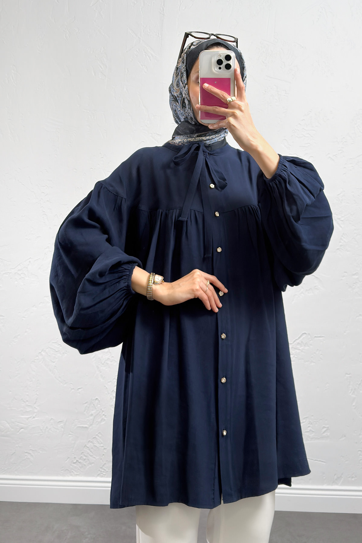 Yaka Bağcıklı Biritli Tunik 0083 - LACİVERT |  