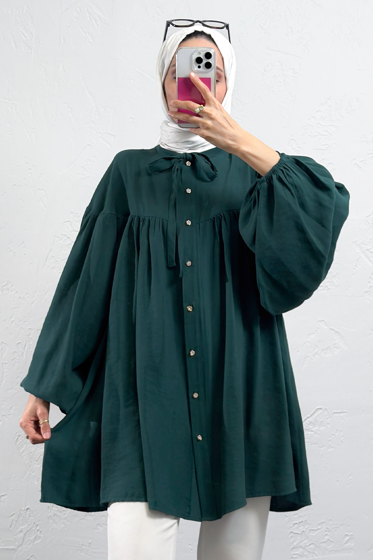 Yaka Bağcıklı Biritli Tunik 0083 - ZÜMRÜT YEŞİLİ |  