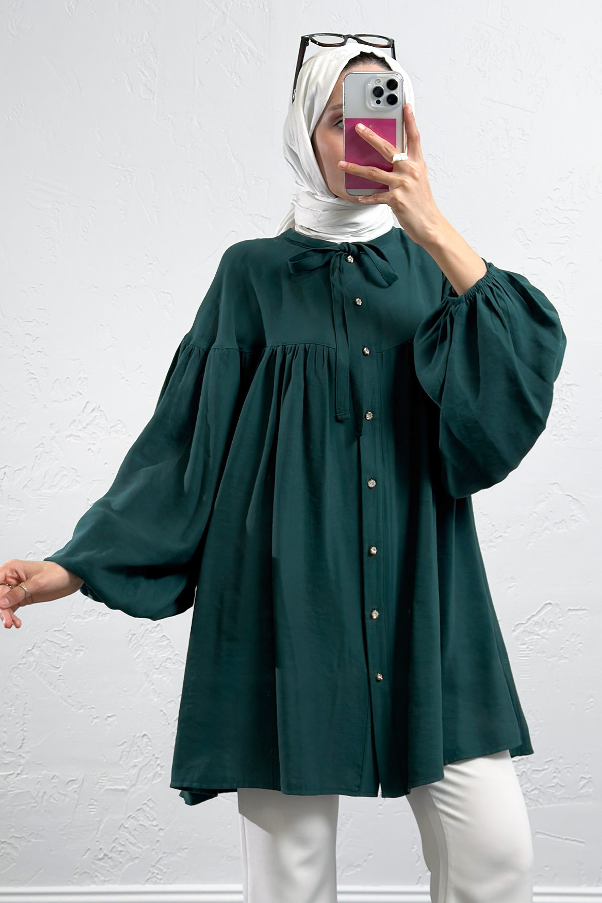 Yaka Bağcıklı Biritli Tunik 0083 - ZÜMRÜT YEŞİLİ |  