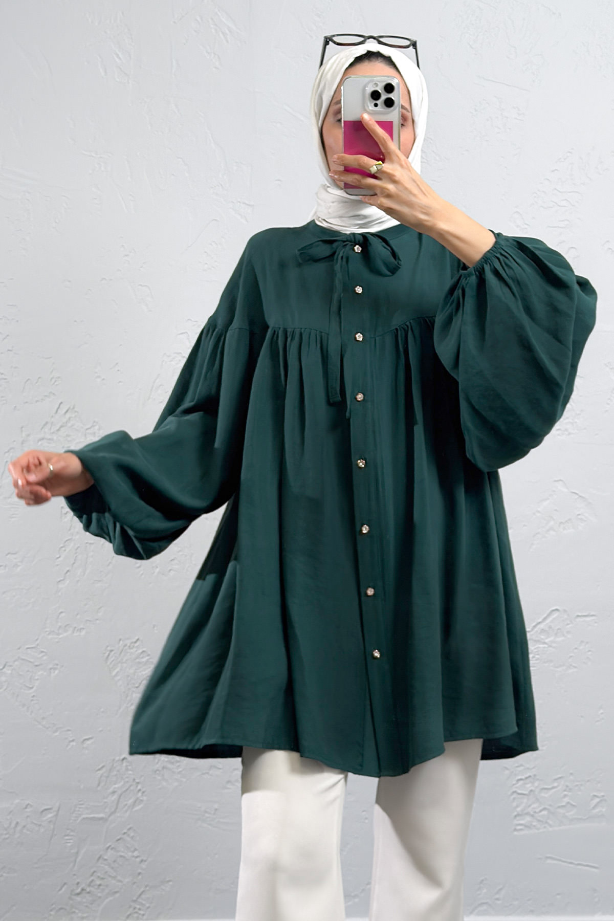 Yaka Bağcıklı Biritli Tunik 0083 - ZÜMRÜT YEŞİLİ |  