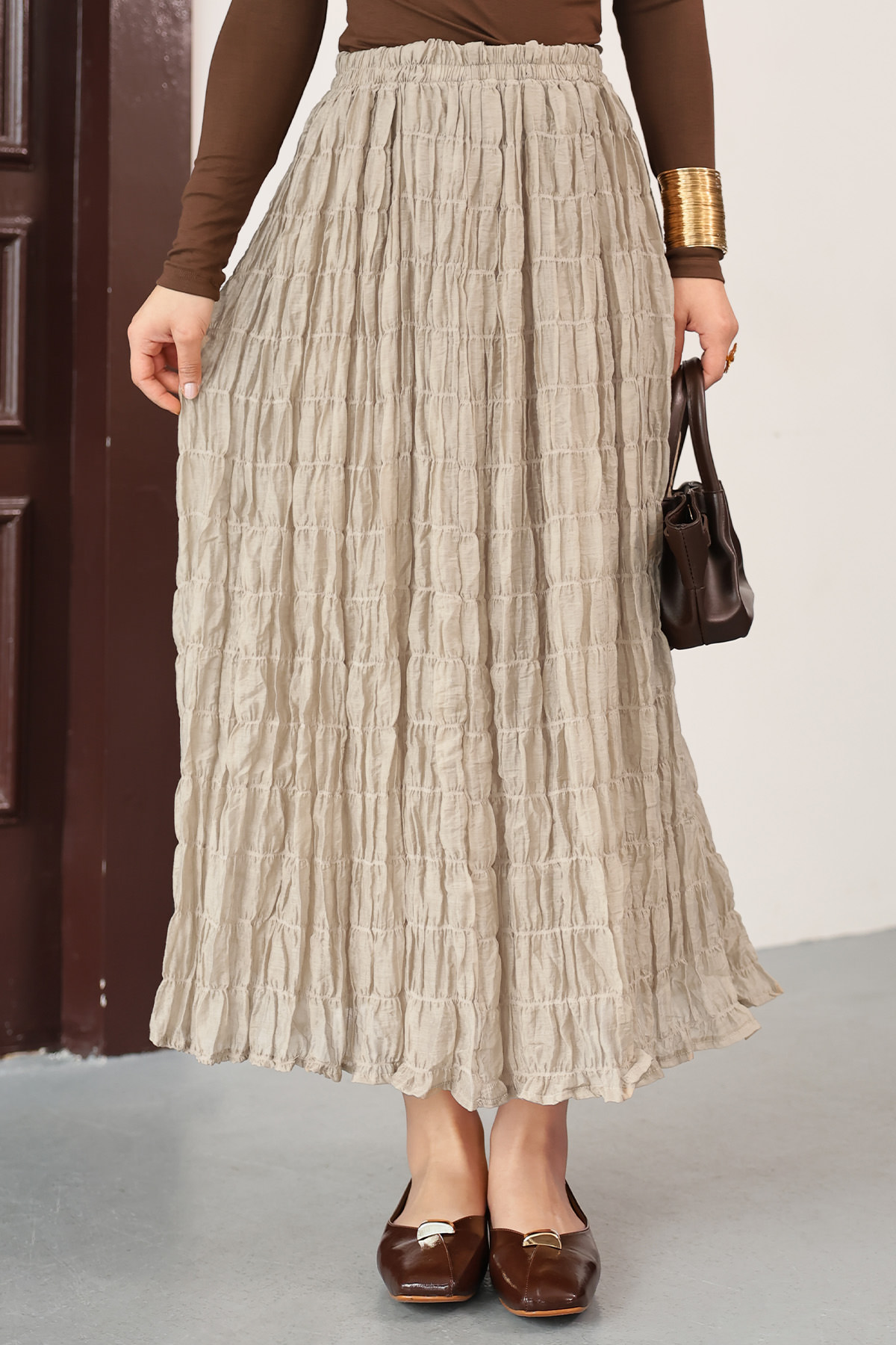 Lastik Bel Gipeli Maxi Etek 0084 - BEJ |  