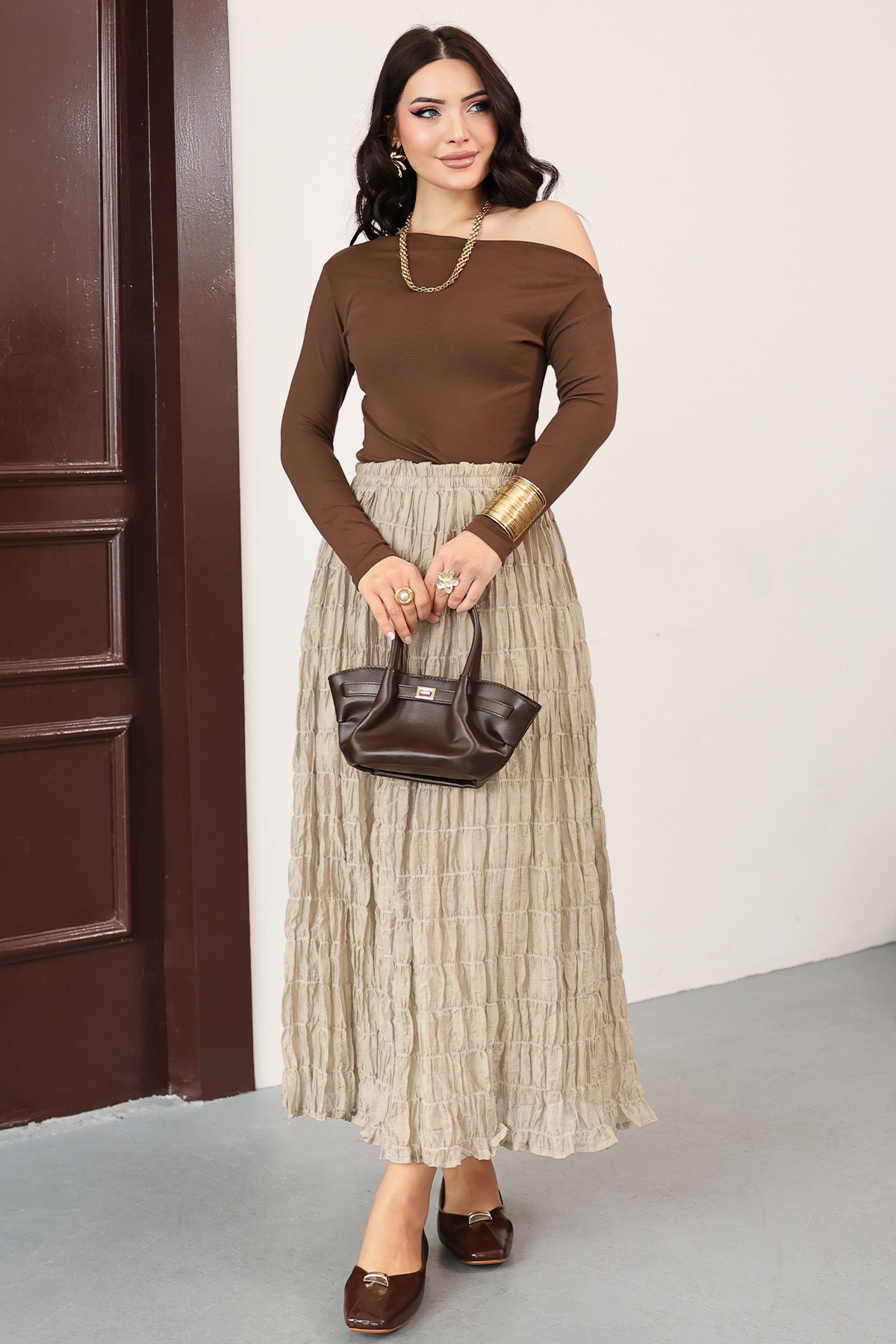 Lastik Bel Gipeli Maxi Etek 0084 - BEJ |  