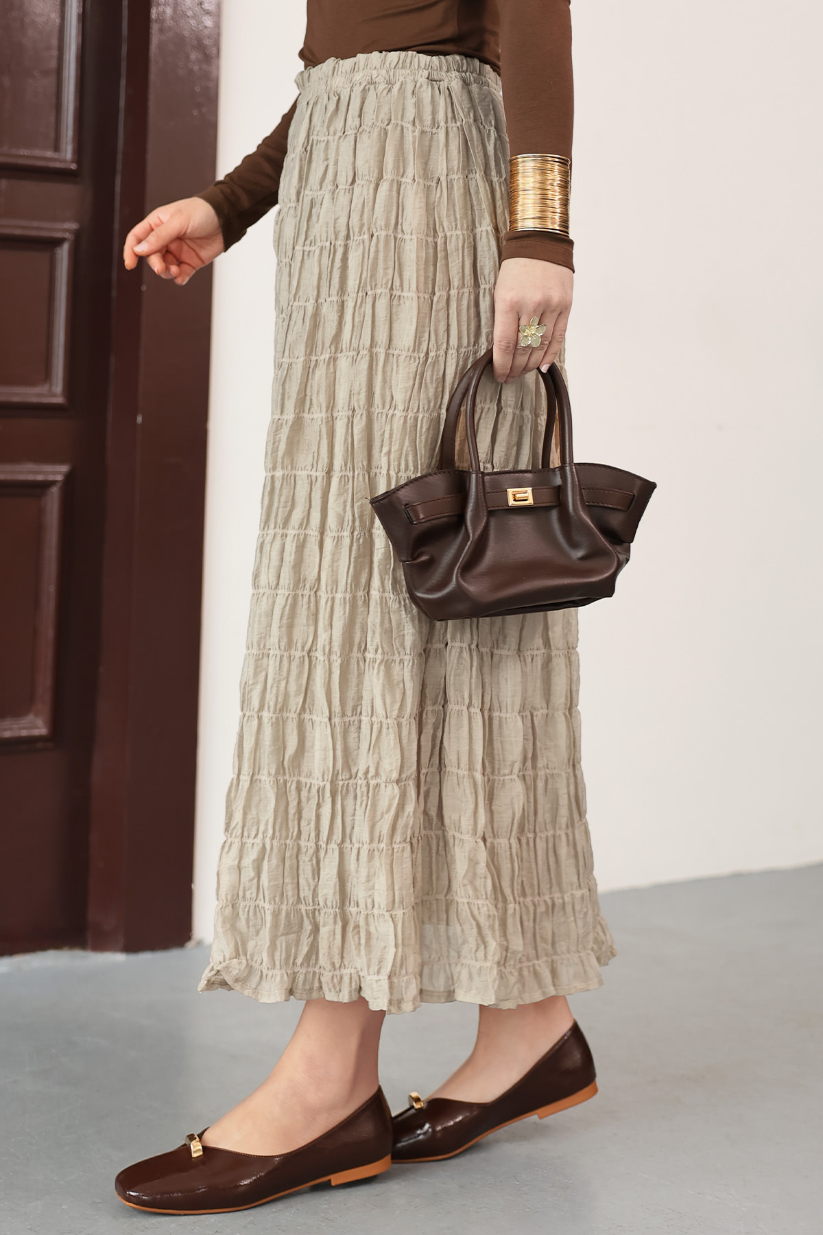 Lastik Bel Gipeli Maxi Etek 0084 - BEJ |  