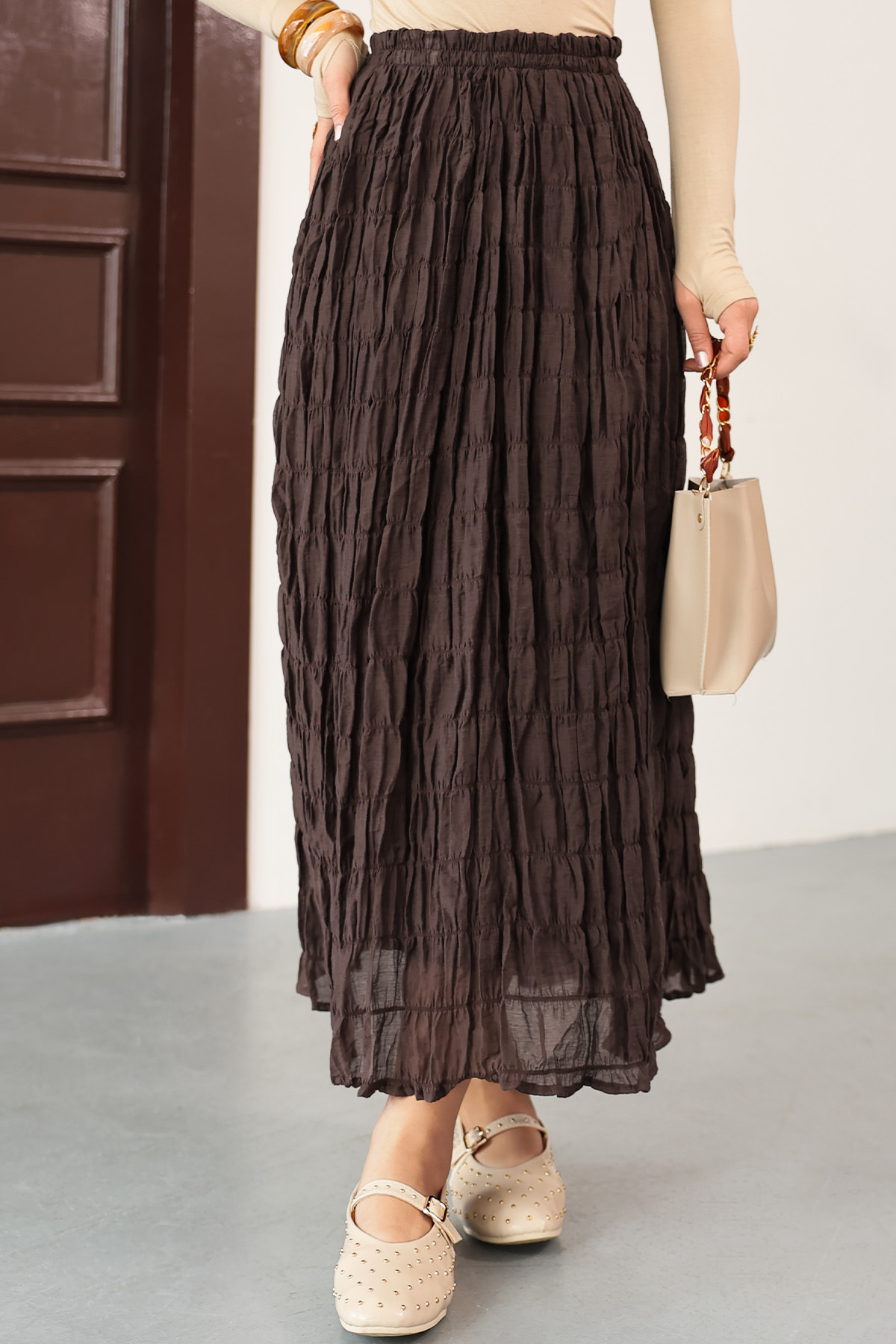 Lastik Bel Gipeli Maxi Etek 0084 - KAHVERENGİ |  