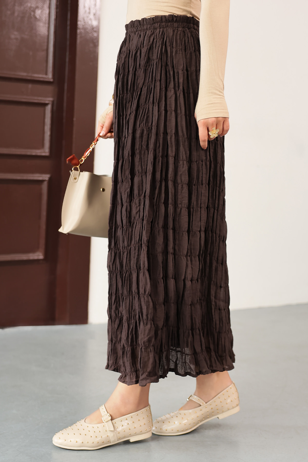 Lastik Bel Gipeli Maxi Etek 0084 - KAHVERENGİ |  