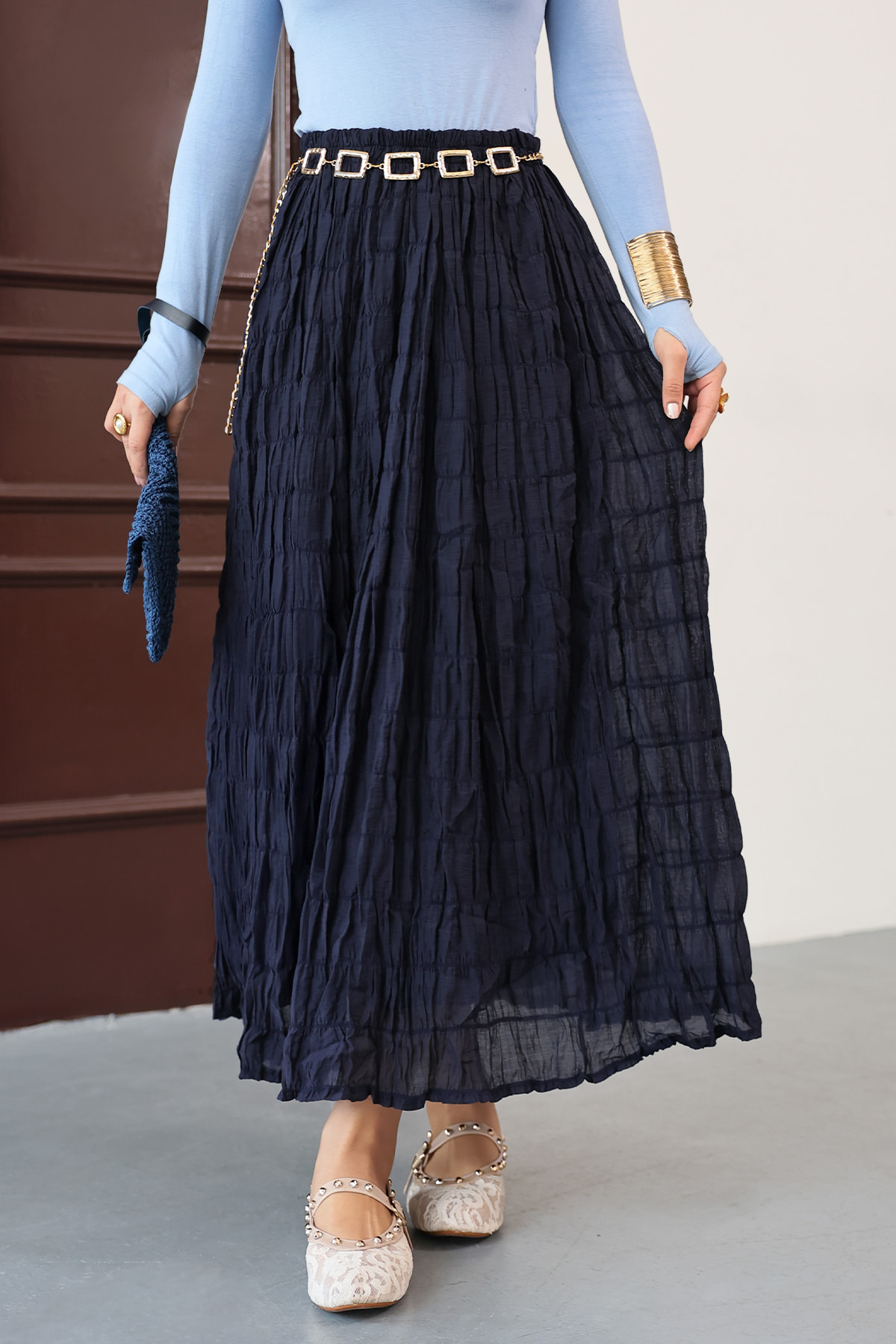 Lastik Bel Gipeli Maxi Etek 0084 - LACİVERT |  