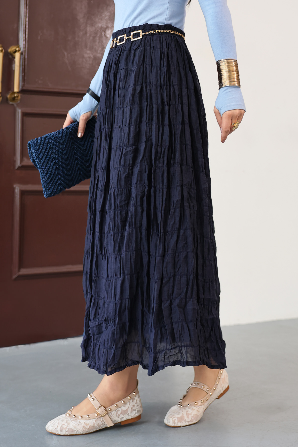 Lastik Bel Gipeli Maxi Etek 0084 - LACİVERT |  