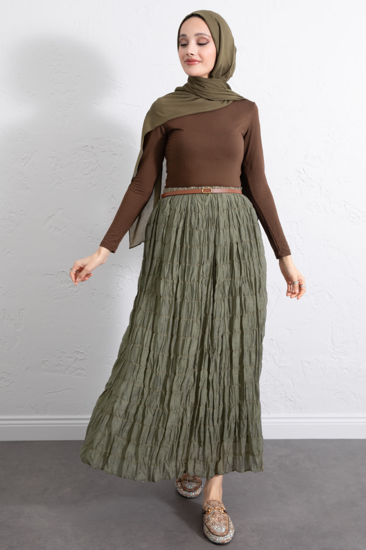 Lastik Bel Gipeli Maxi Etek 0084 - HAKİ |  